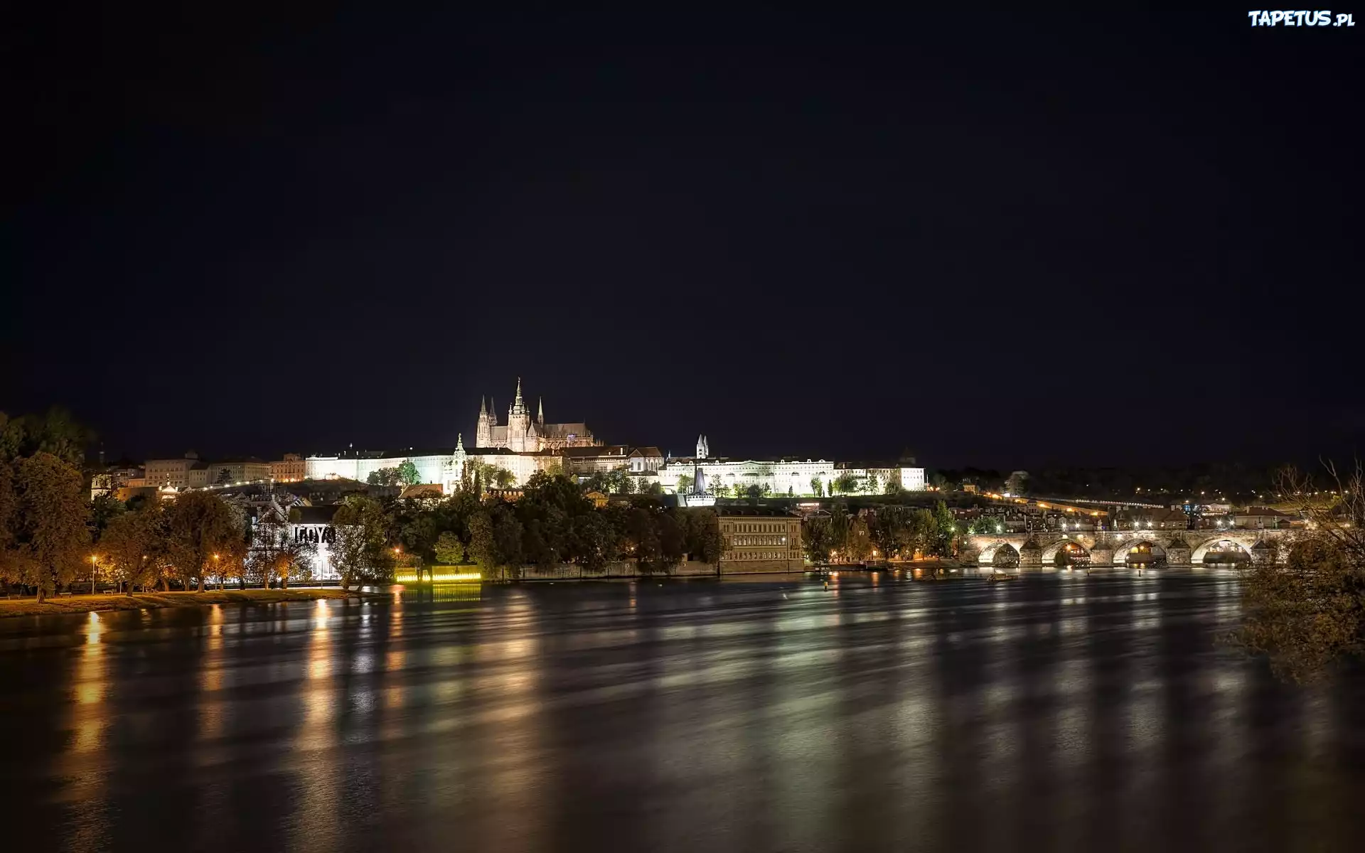 Panorama, Miasta, Nocą, Praga, Czechy