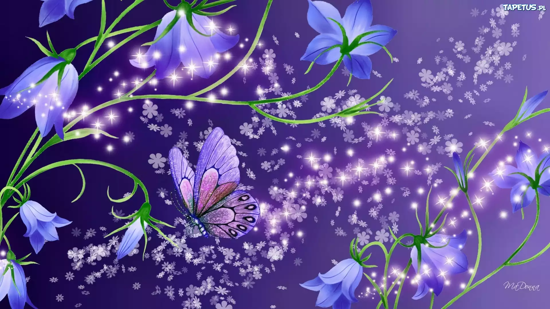 Niebieskie, Kwiaty, Motyl, Art