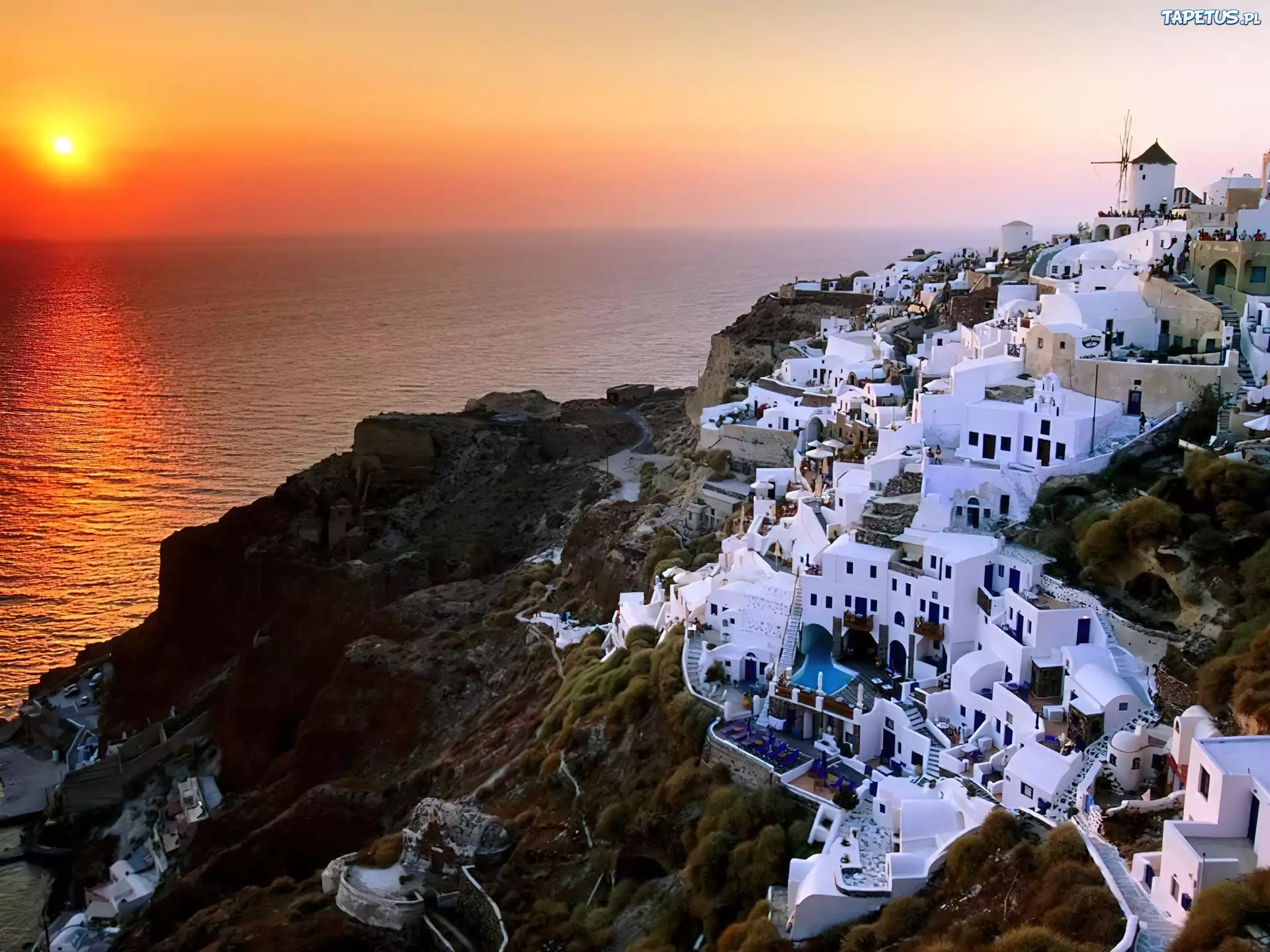 Morze, Zachód Słońca, Santorini, Grecja