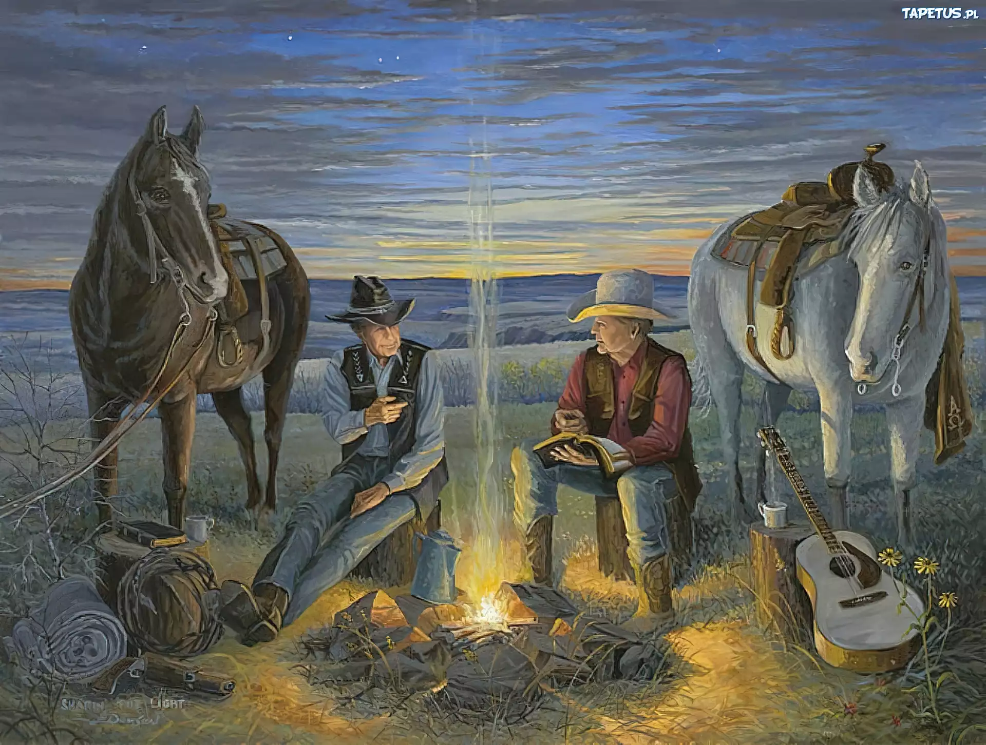 Kowboje, Konie, Ognisko, Gitara, Noc