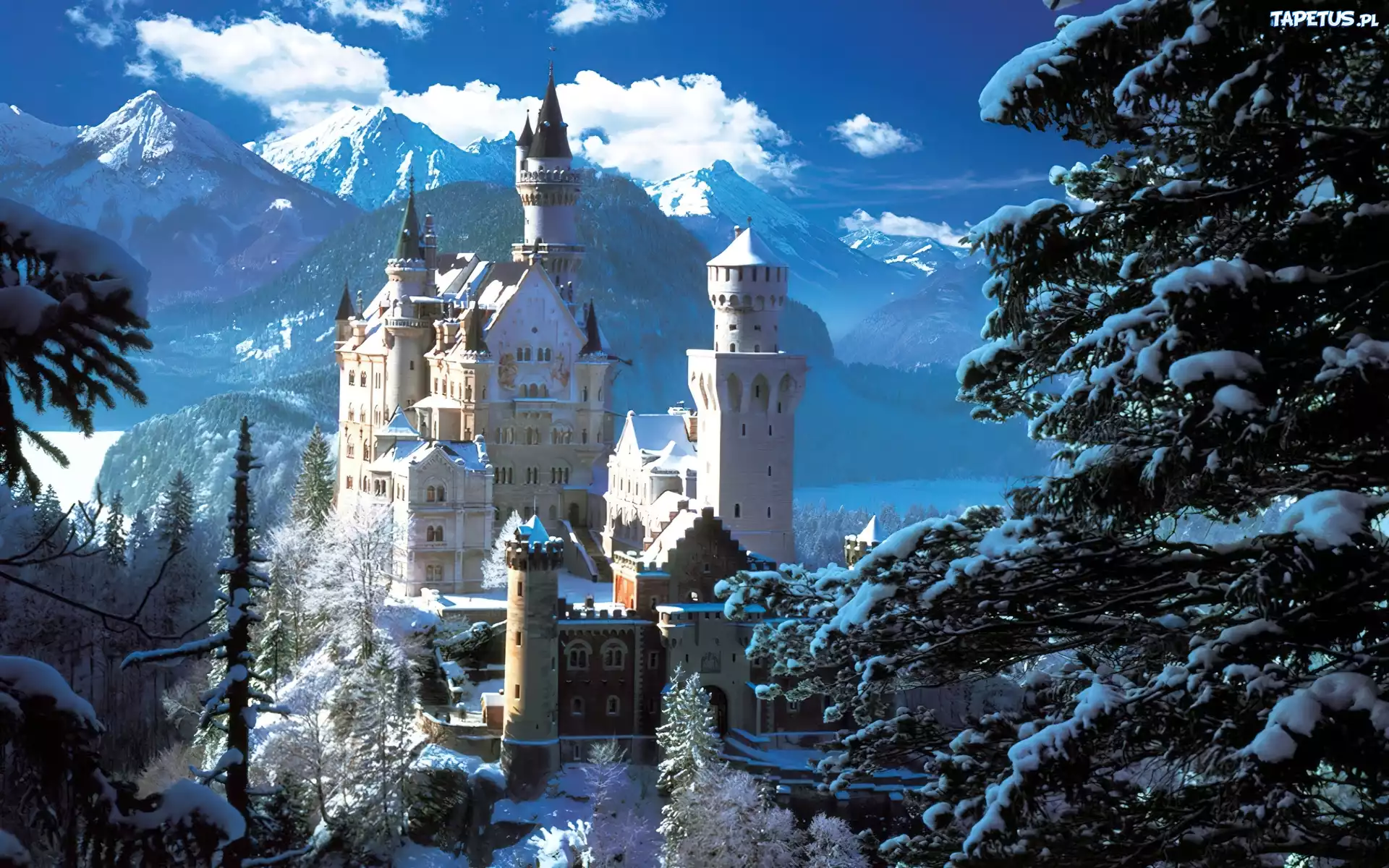 Zamek, Neuschwanstein, Bawaria, Niemcy, Zima
