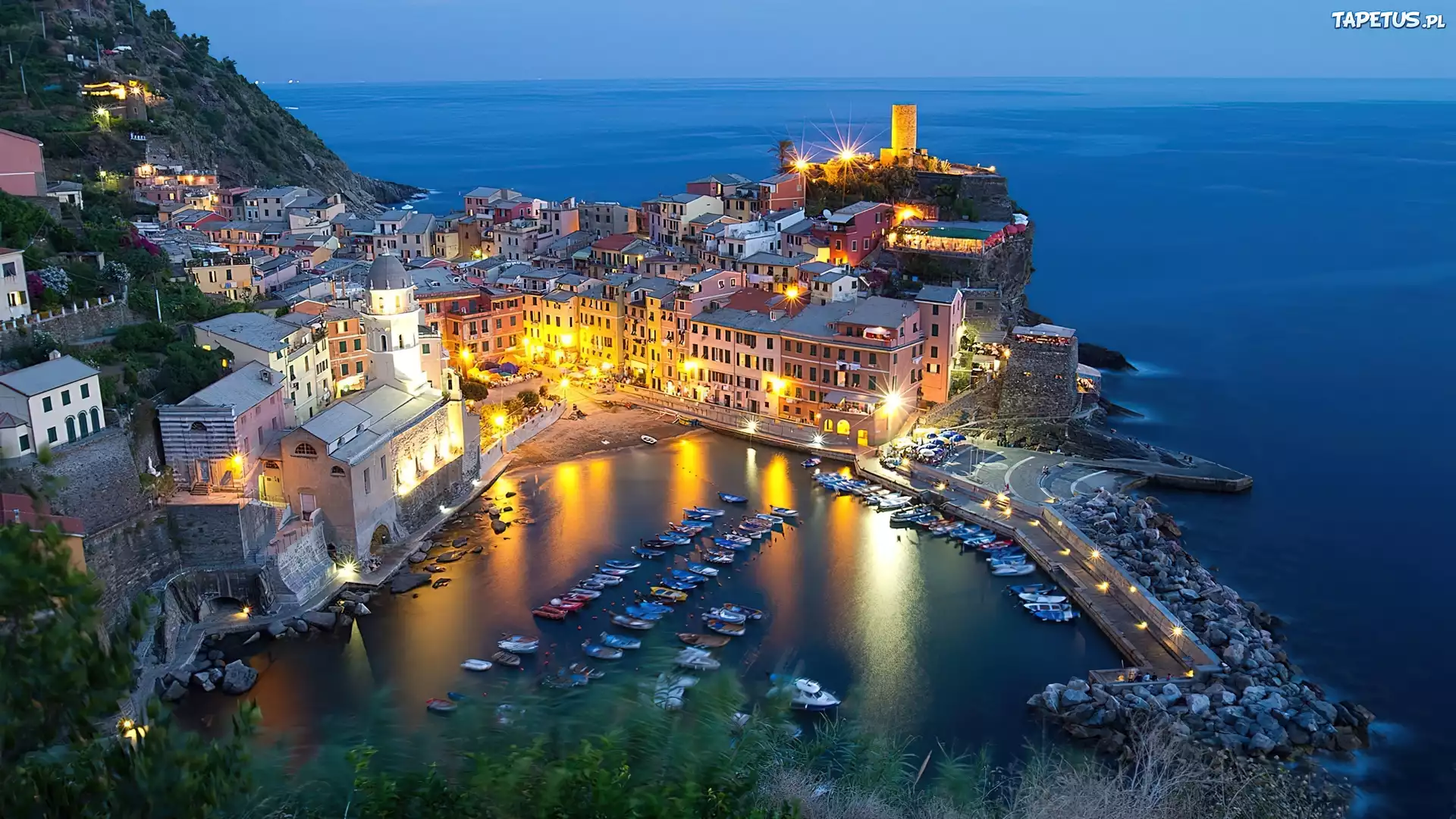 Oświetlone, Miasto, Port, Liguria, Włochy