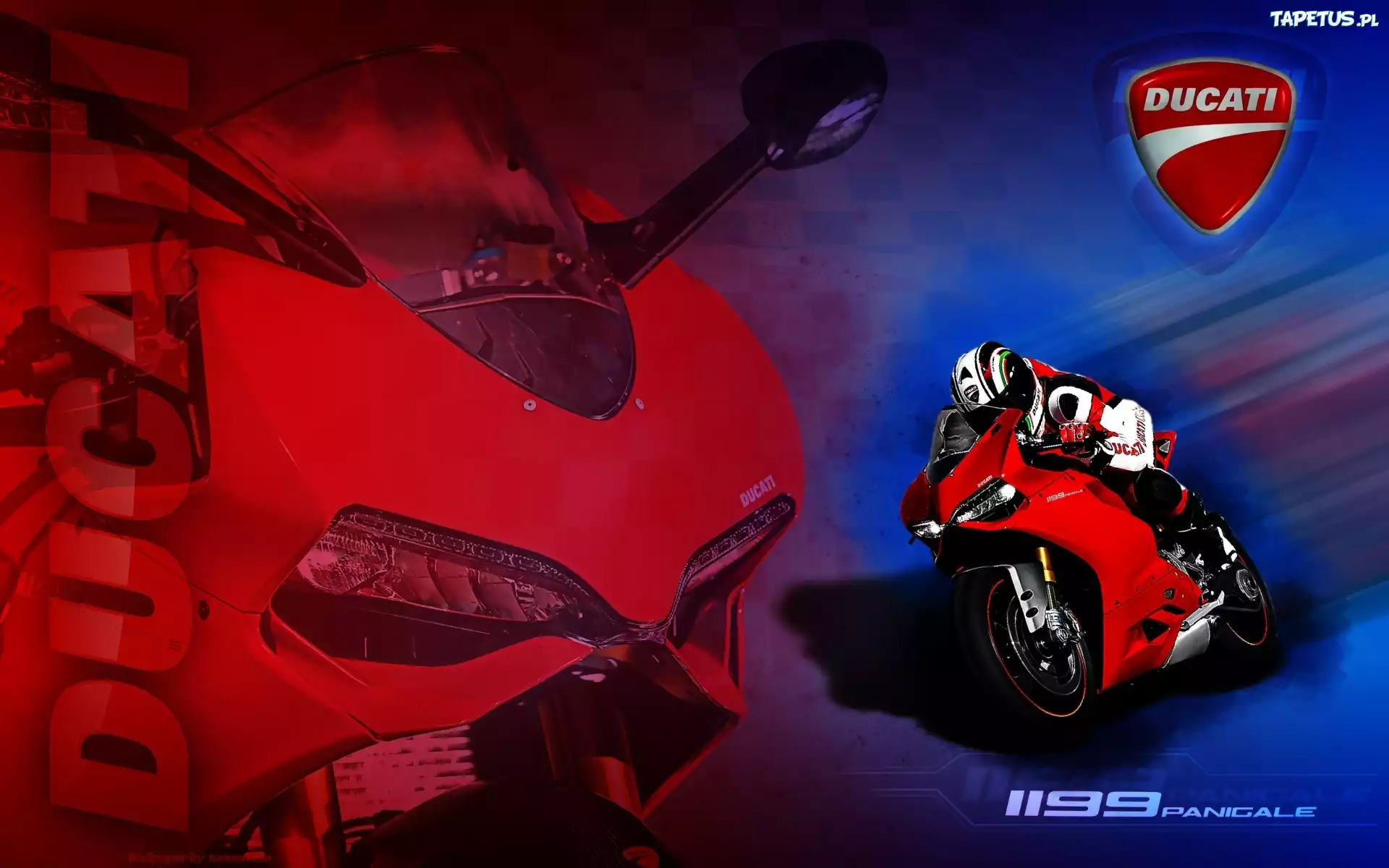 Ducati 1199 Panigale, Czerwony, Logo, Motocyklista.