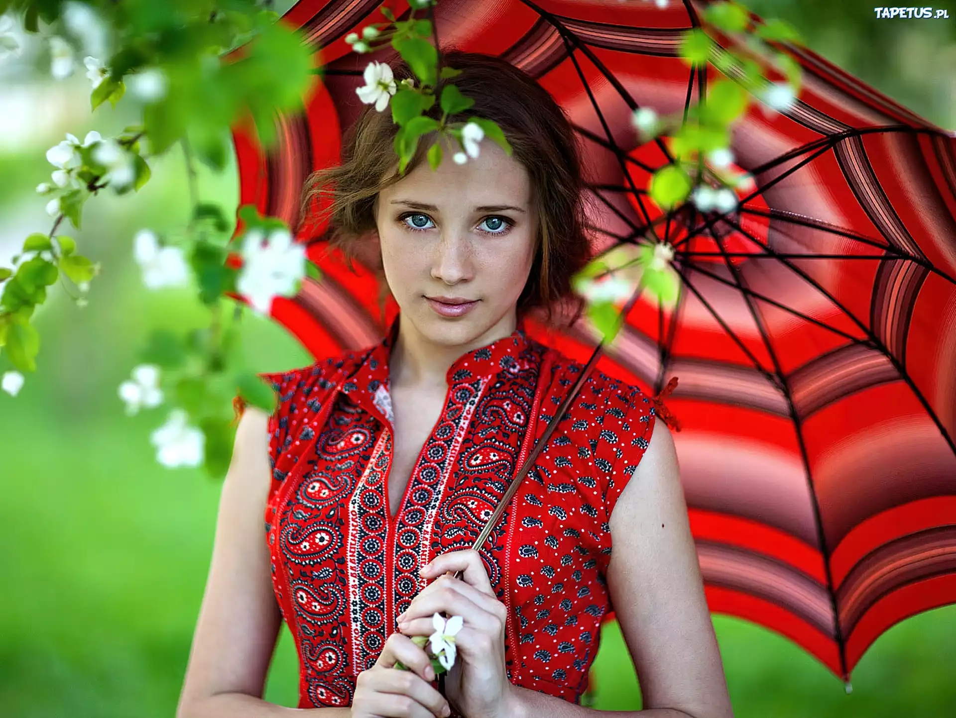 Dziewczyna, Modelka, Czerwona, Bluzka, Parasolka