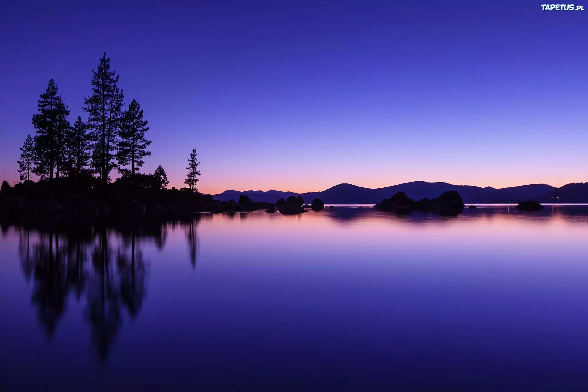 Jezioro, Drzewa, Góry, Noc, Tahoe, Kalifornia