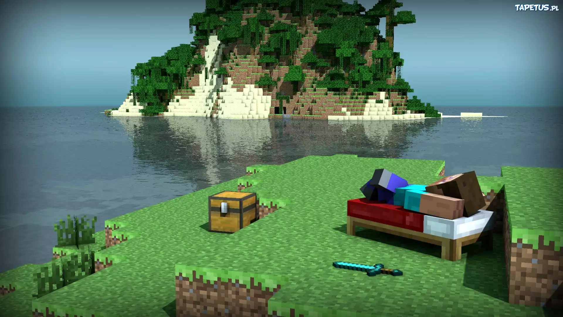 Minecraft, Człowiek, Wyspa, Skrzynia, Drzewa