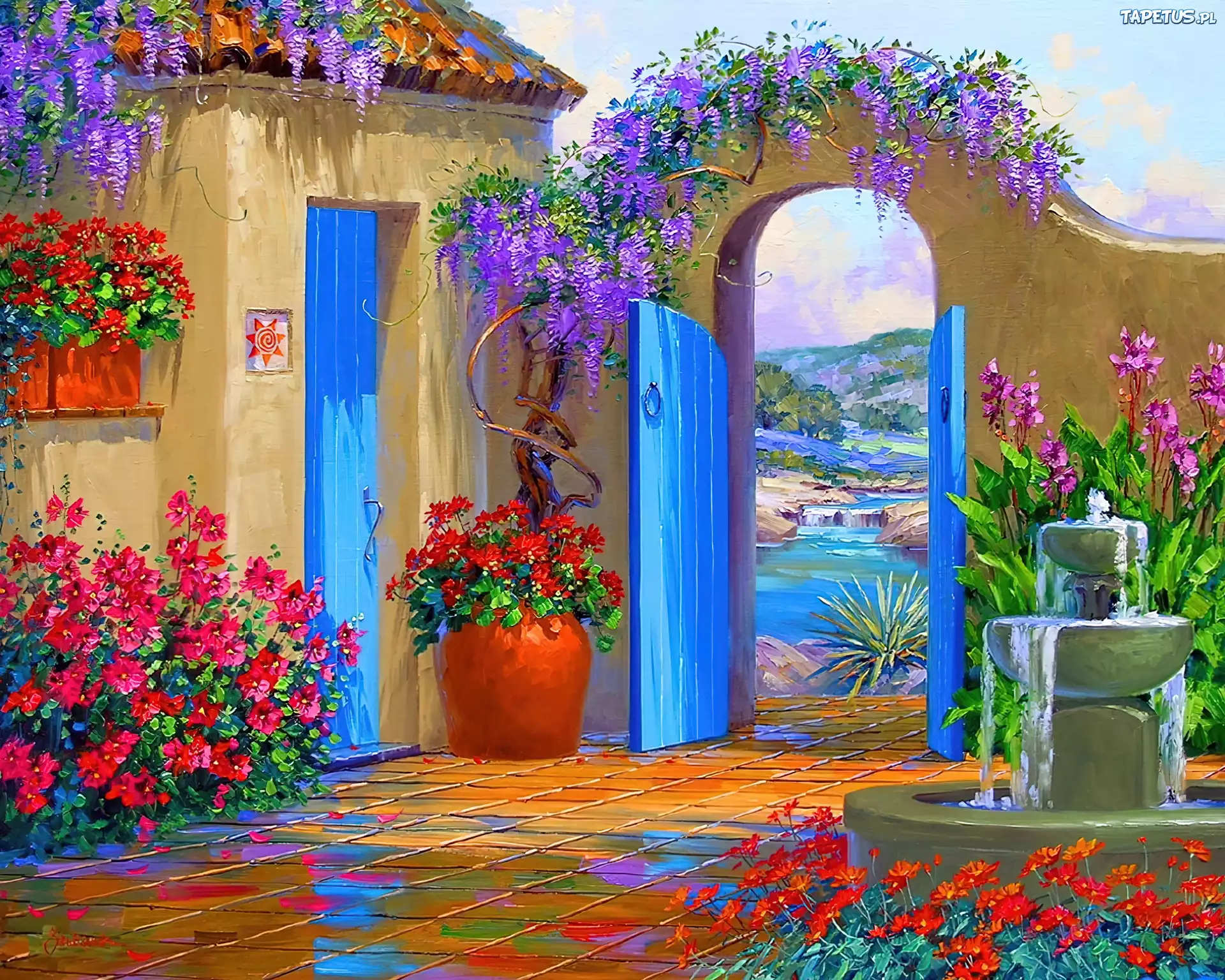 Dom, Patio, Fontanna, Niebieskie, Drzwi