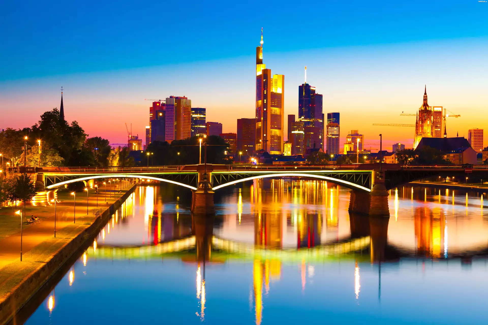 Zachód, Słońca, Panorama, Frankfurtu, Nad Menem