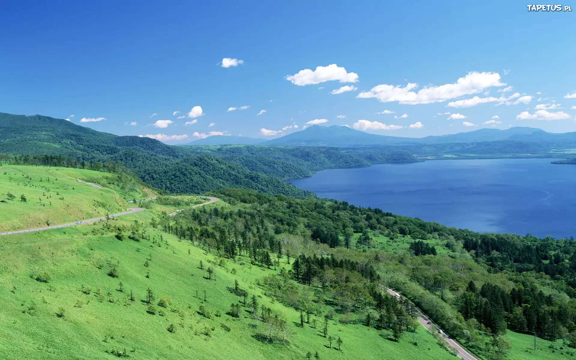 Jezioro, Las, Chmurki, Droga, Asfaltowa