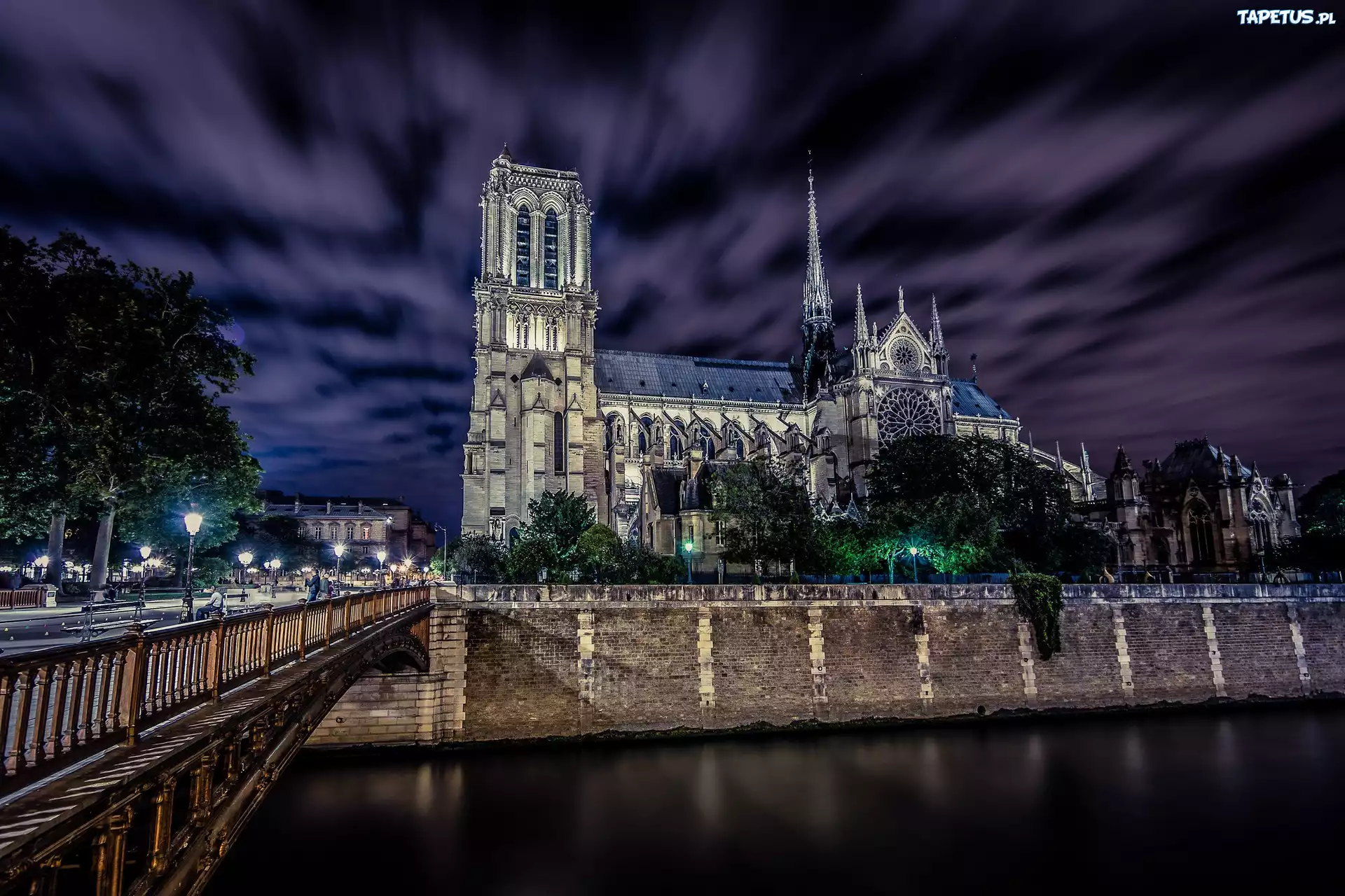 Noc, Katedra, Notre Dame, Paryż, Francja