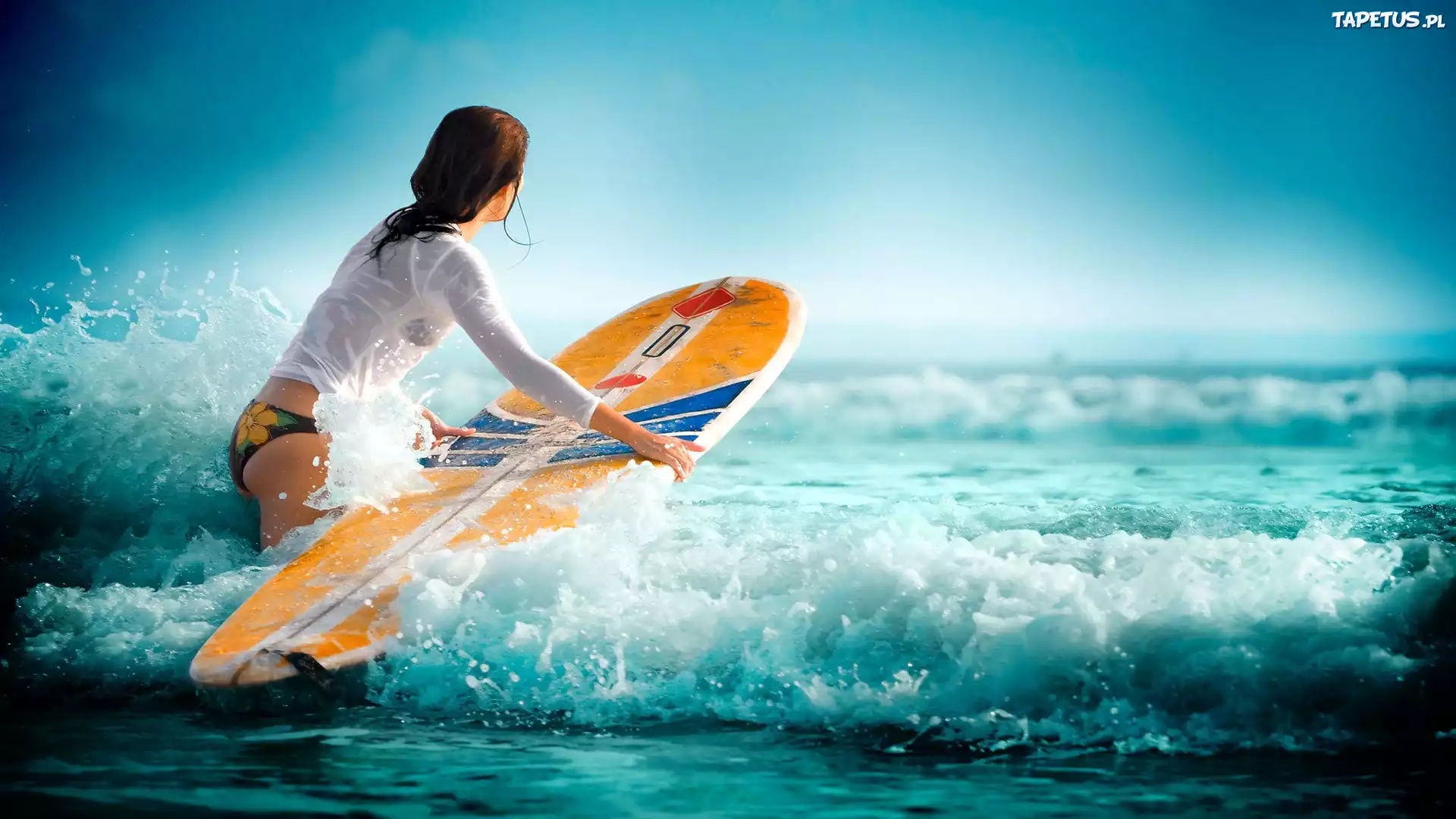 Kobieta, Morze, Fale, Surfing