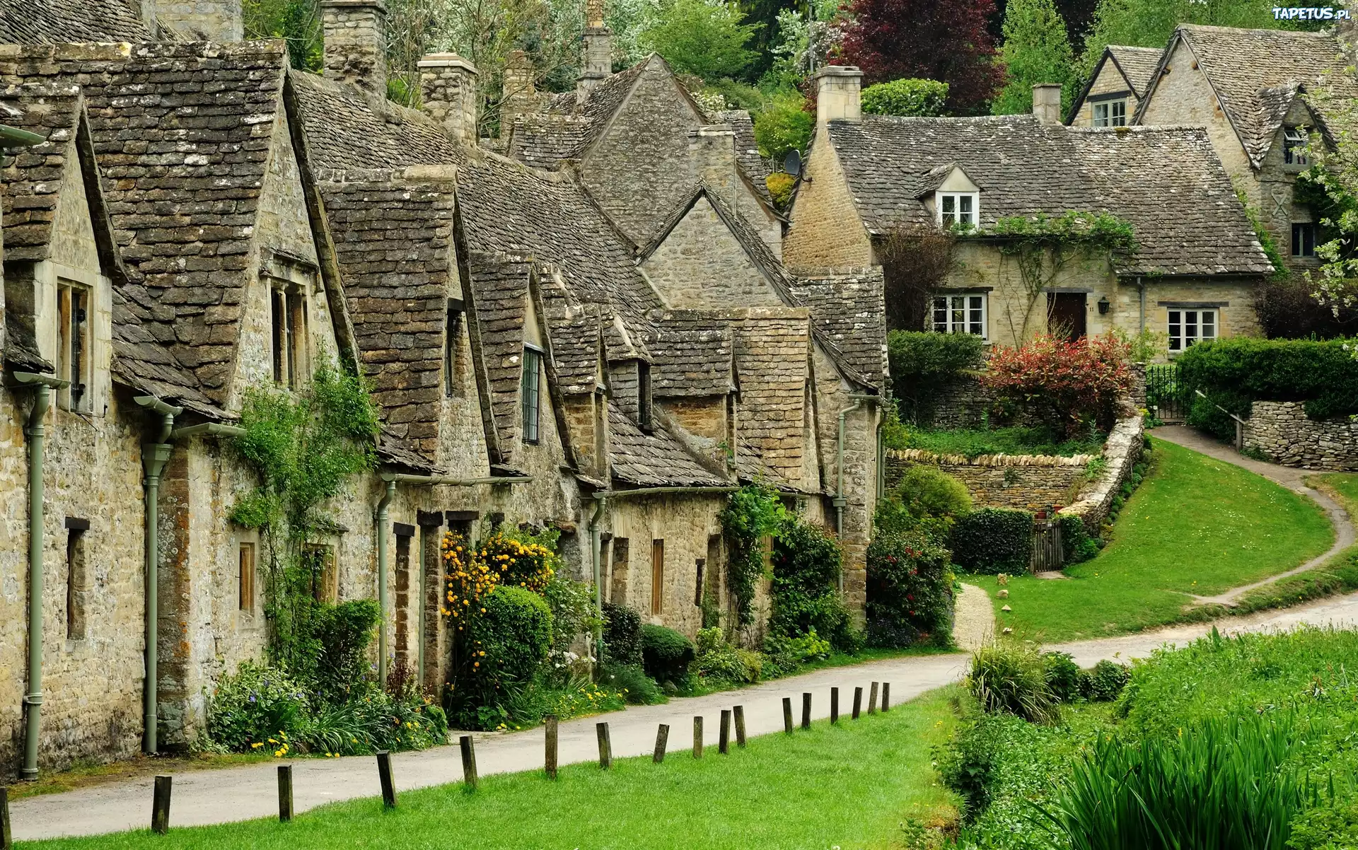 Bibury, Arlington, Row, Kamienne, Domki, Trawniki, Rośliny