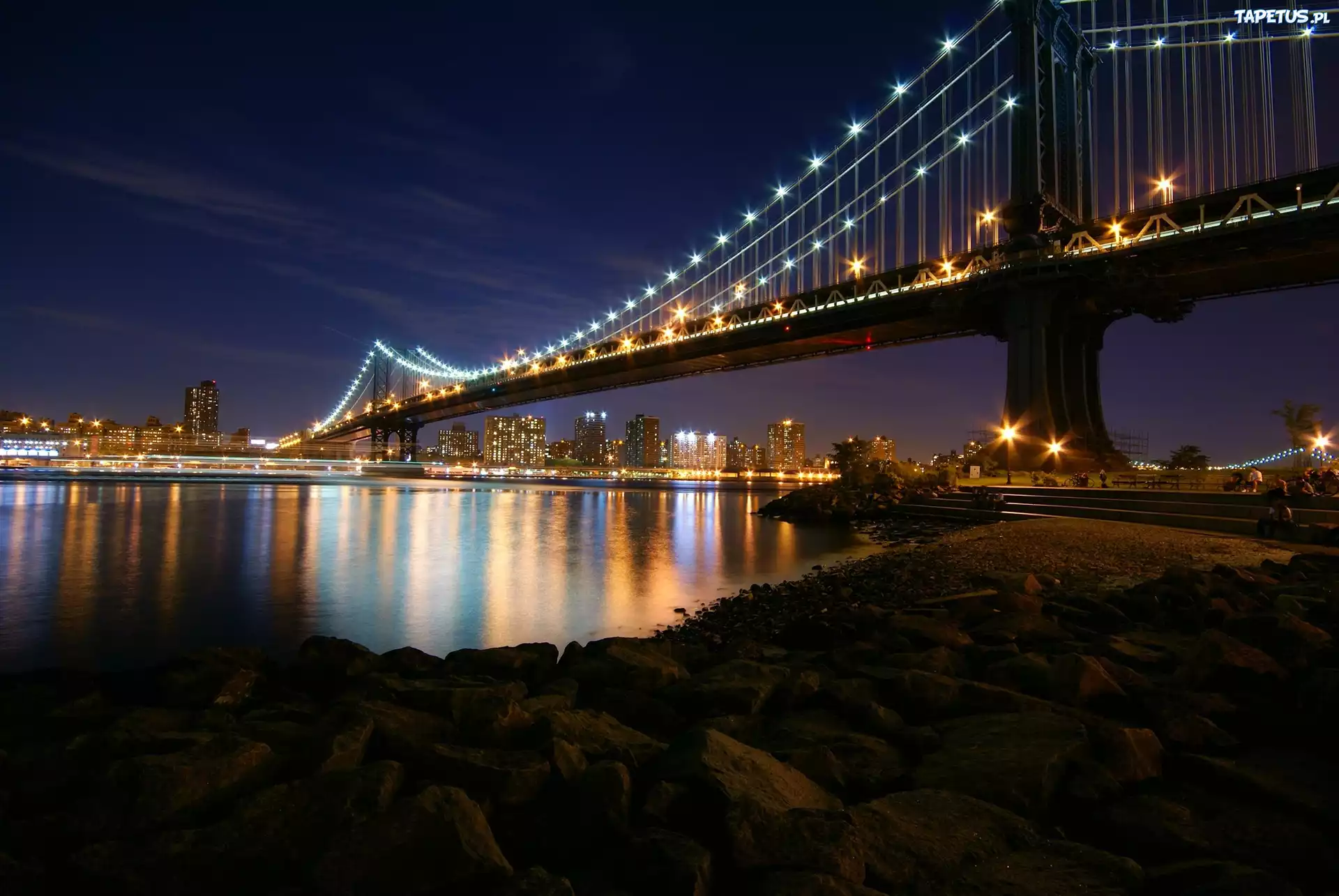 Most, Noc, Manhattan Bridge, Nowy York