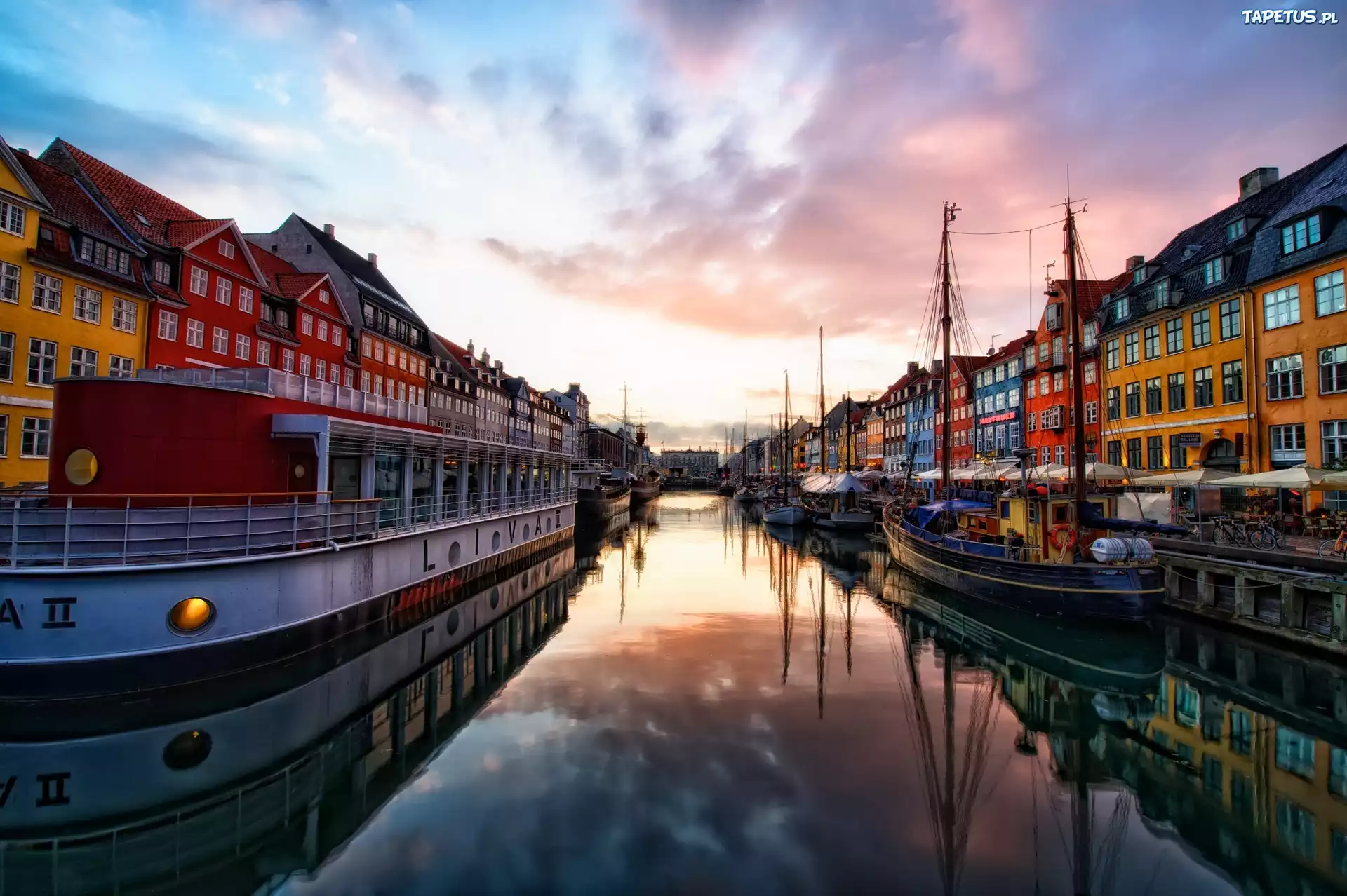 Zachód, Słońca, Nyhavn, Statki, Kamieniczki