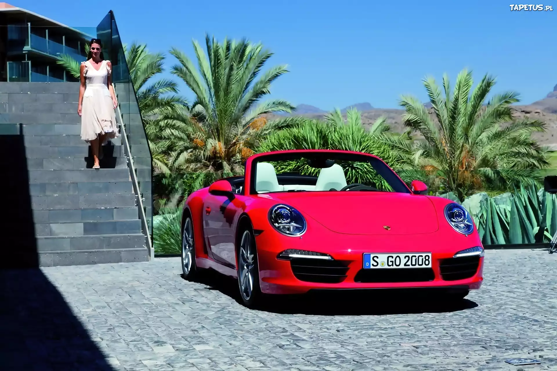 Budynek, Kobieta, Palmy, Porsche, 911, Kabriolet