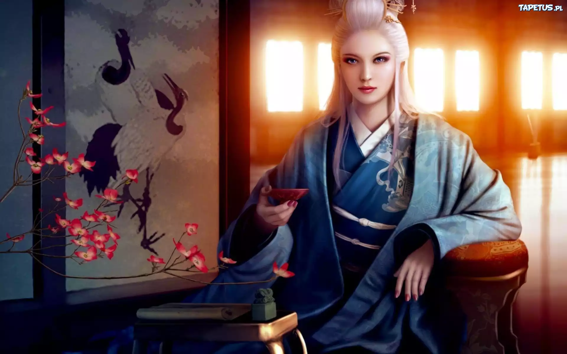 Kobieta, Japonka, Kimono, Kwiat, Wiśni