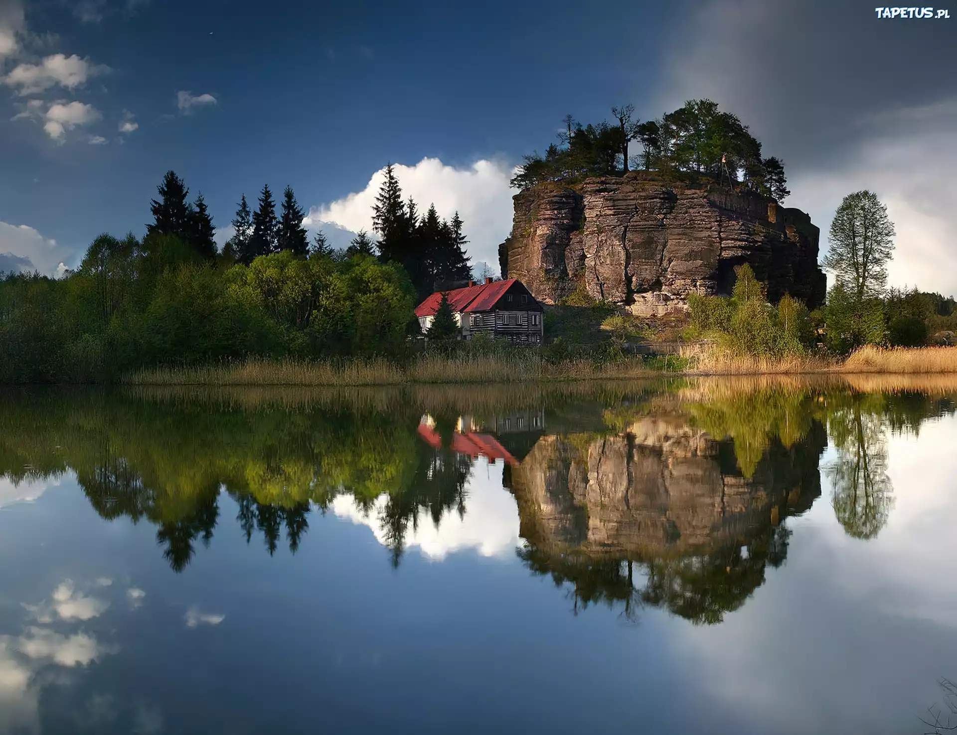 Jezioro, Skała, Las, Dom