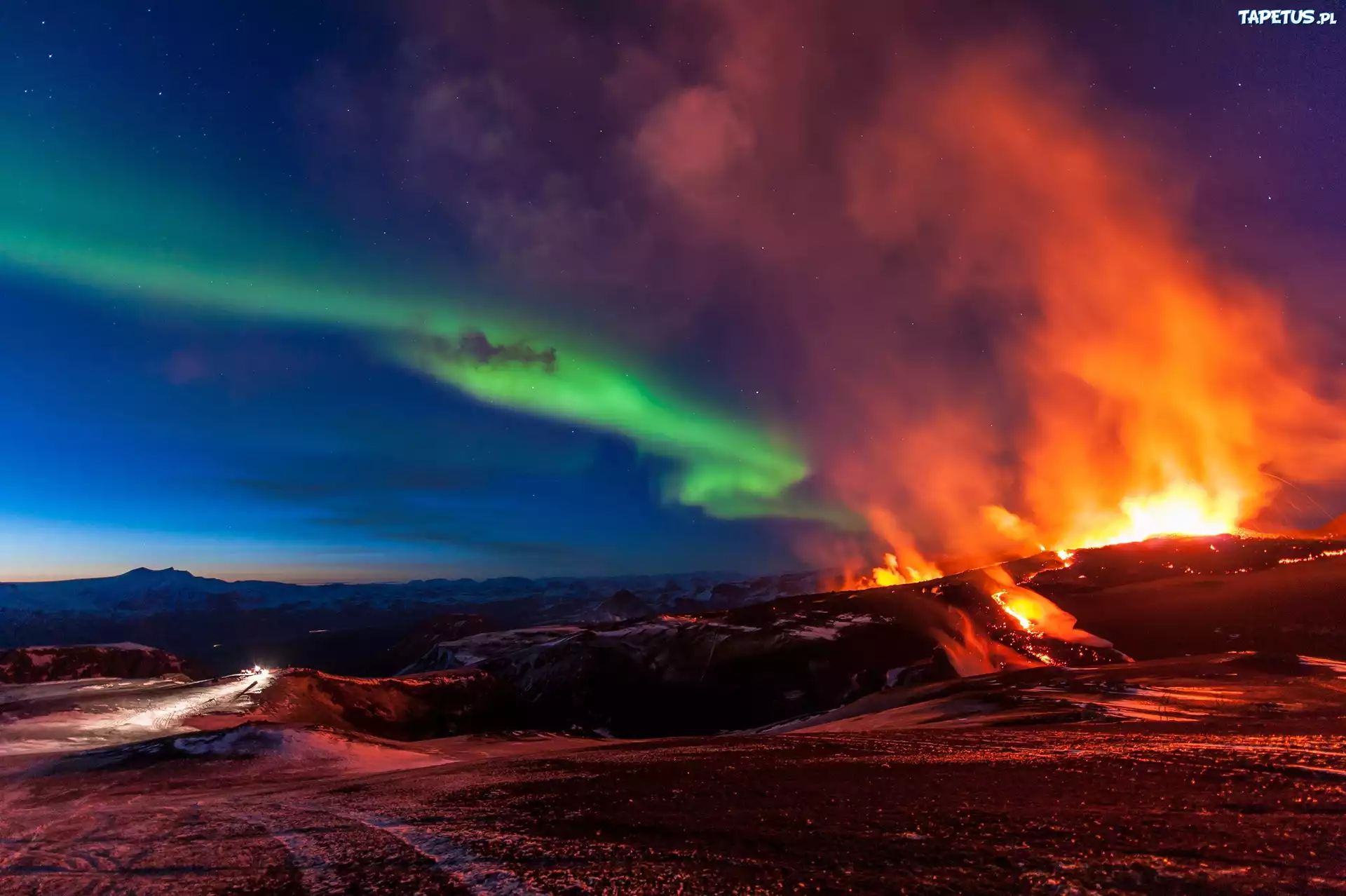 Islandia, Góry, Erupcja, Wulkanu, Zorza, Polarna