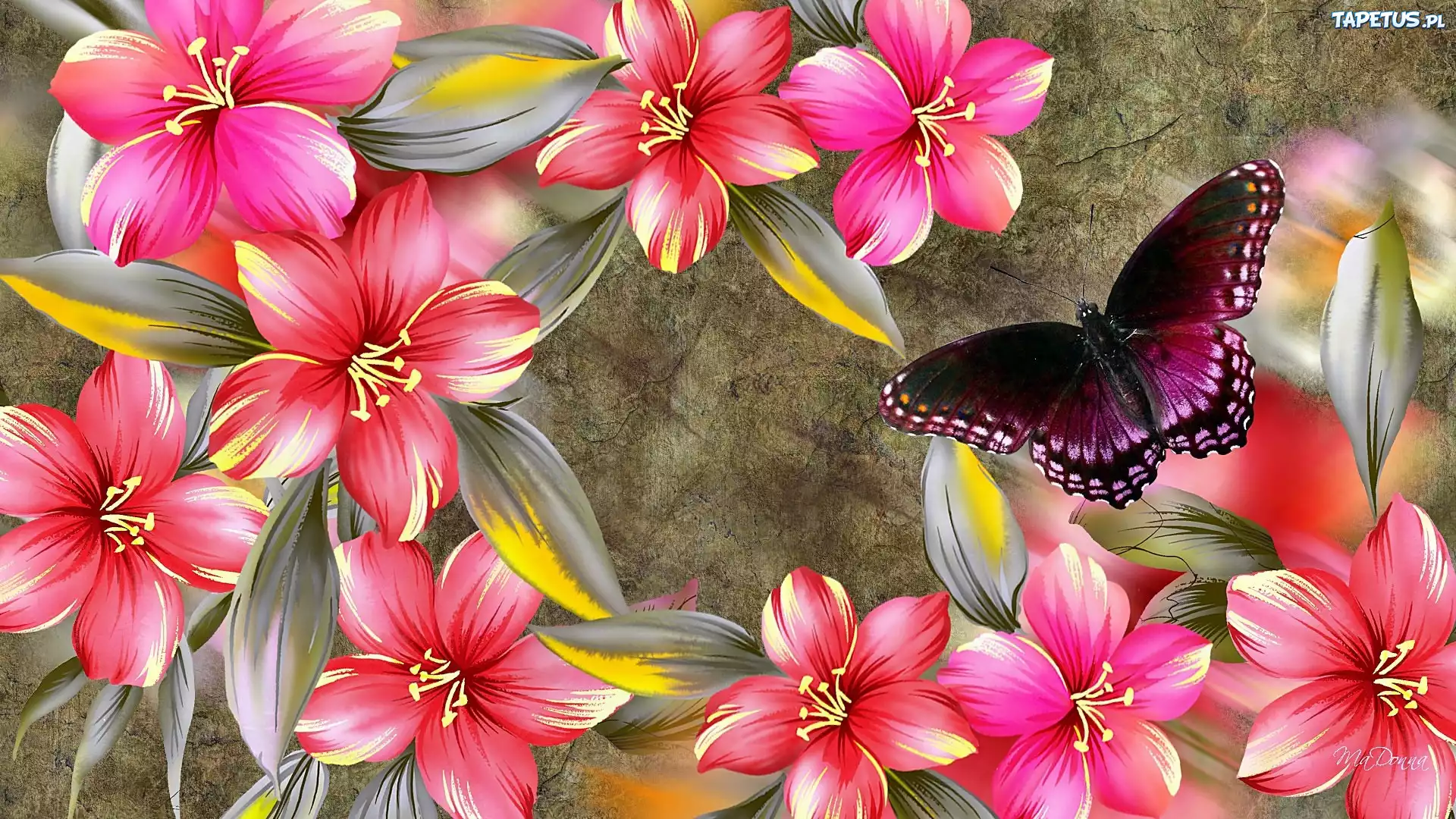 Kwiaty, Hibiskus, Motyl, Art