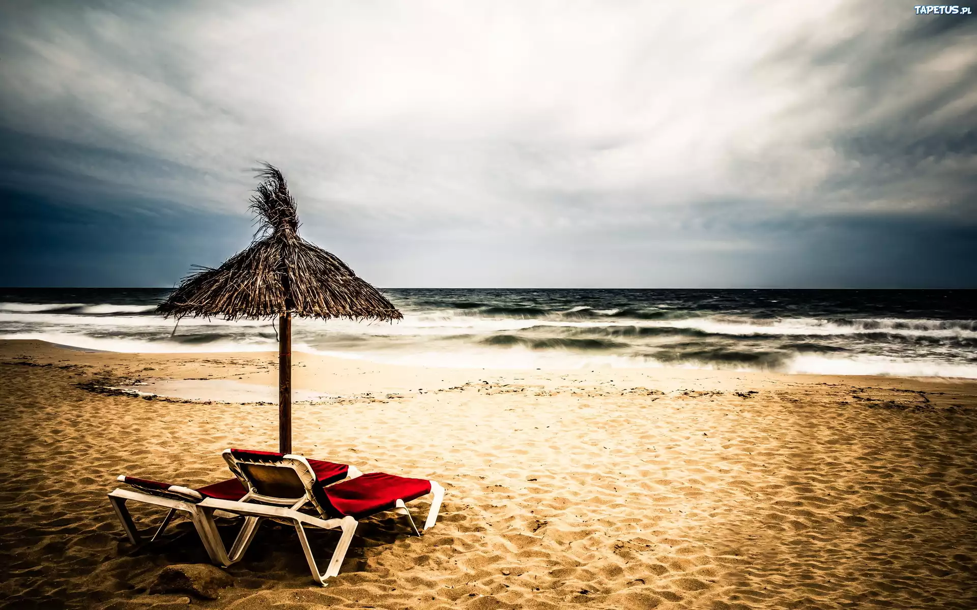Zachód, Słońca, Morze, Plaża, Leżaki