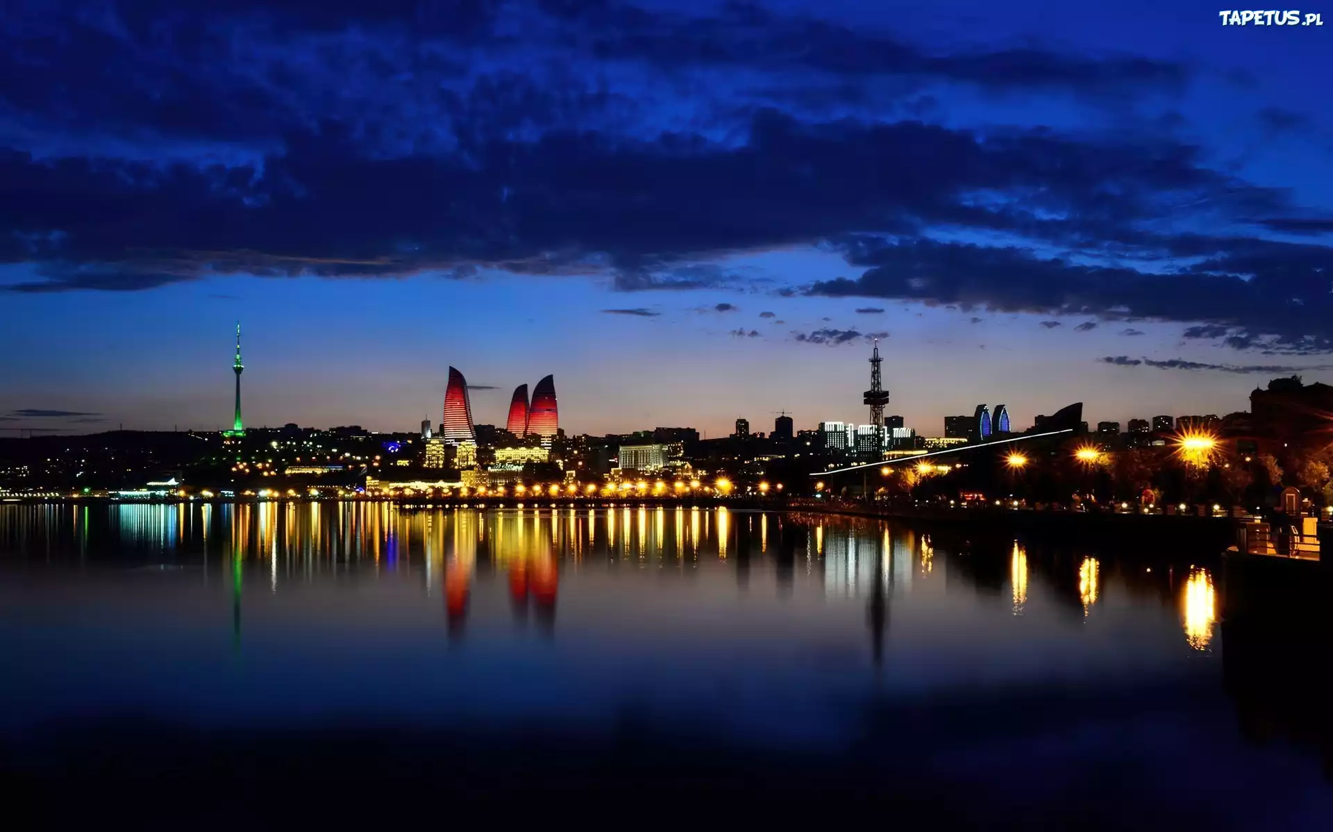Miasto, Baku, Noc, Swiatła, Odbicie