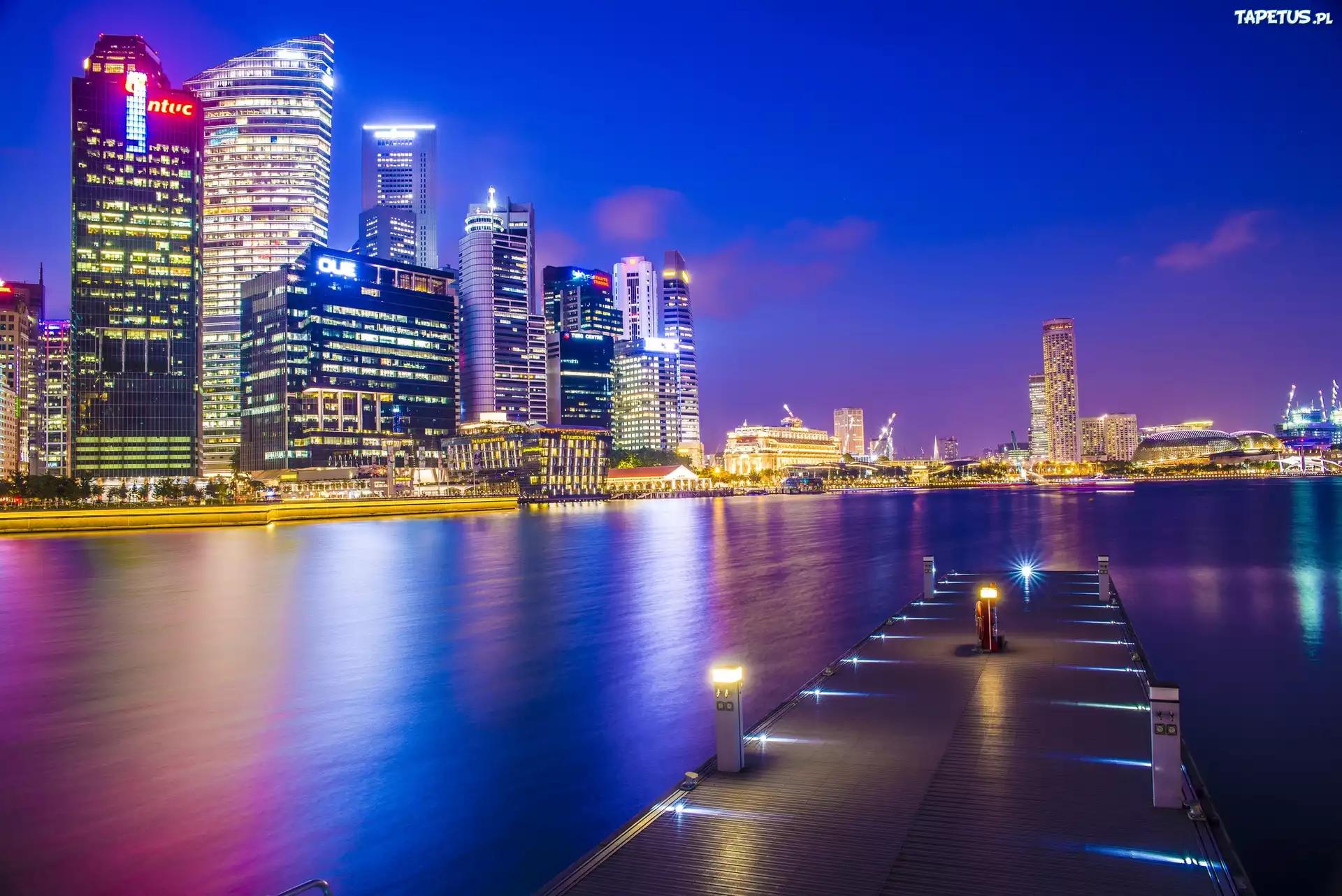 Wieżowce, Zatoka, Molo, Miasto, Noc, Singapur