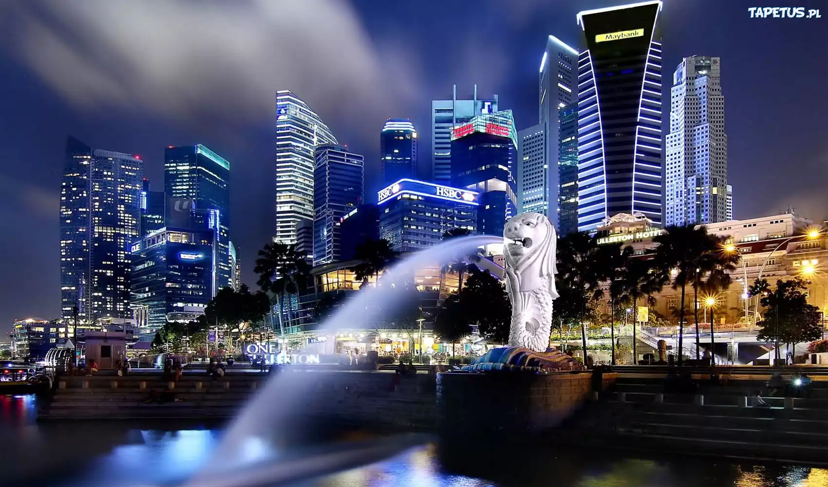 Singapur, Fontanna, Drapacze, Chmur