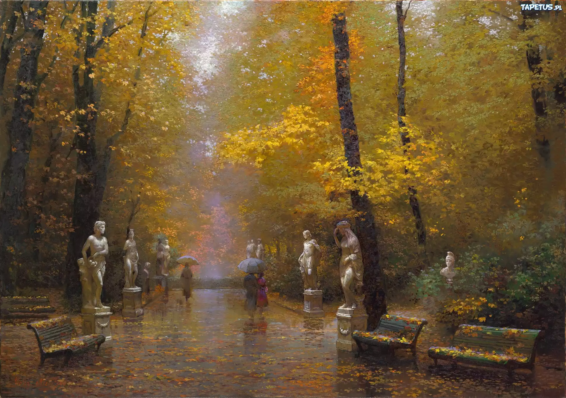 Park, Posągi, Drzewa, Aleja, Obraz