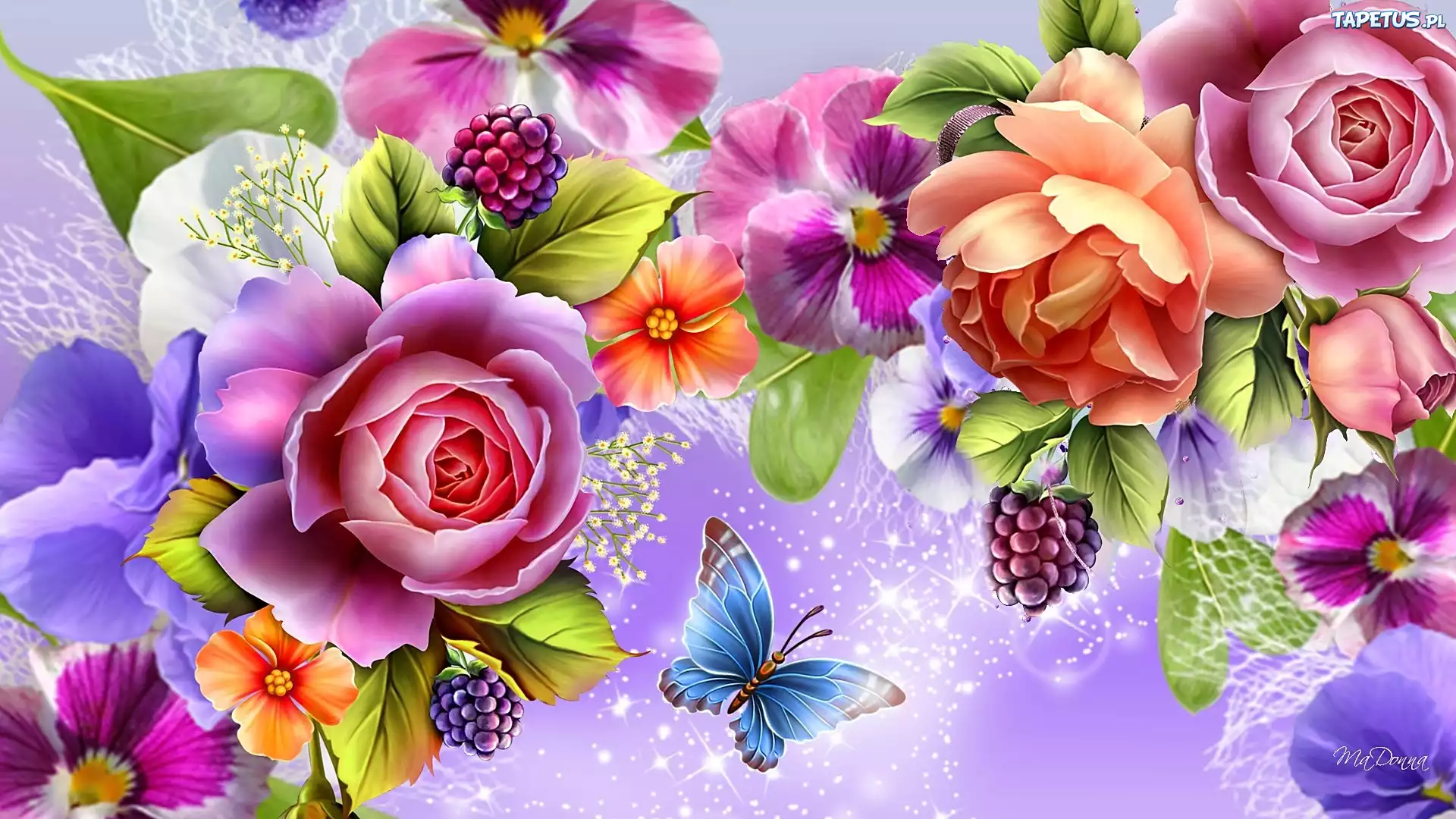 Kolorowe, Kwiaty, Motyl, Art