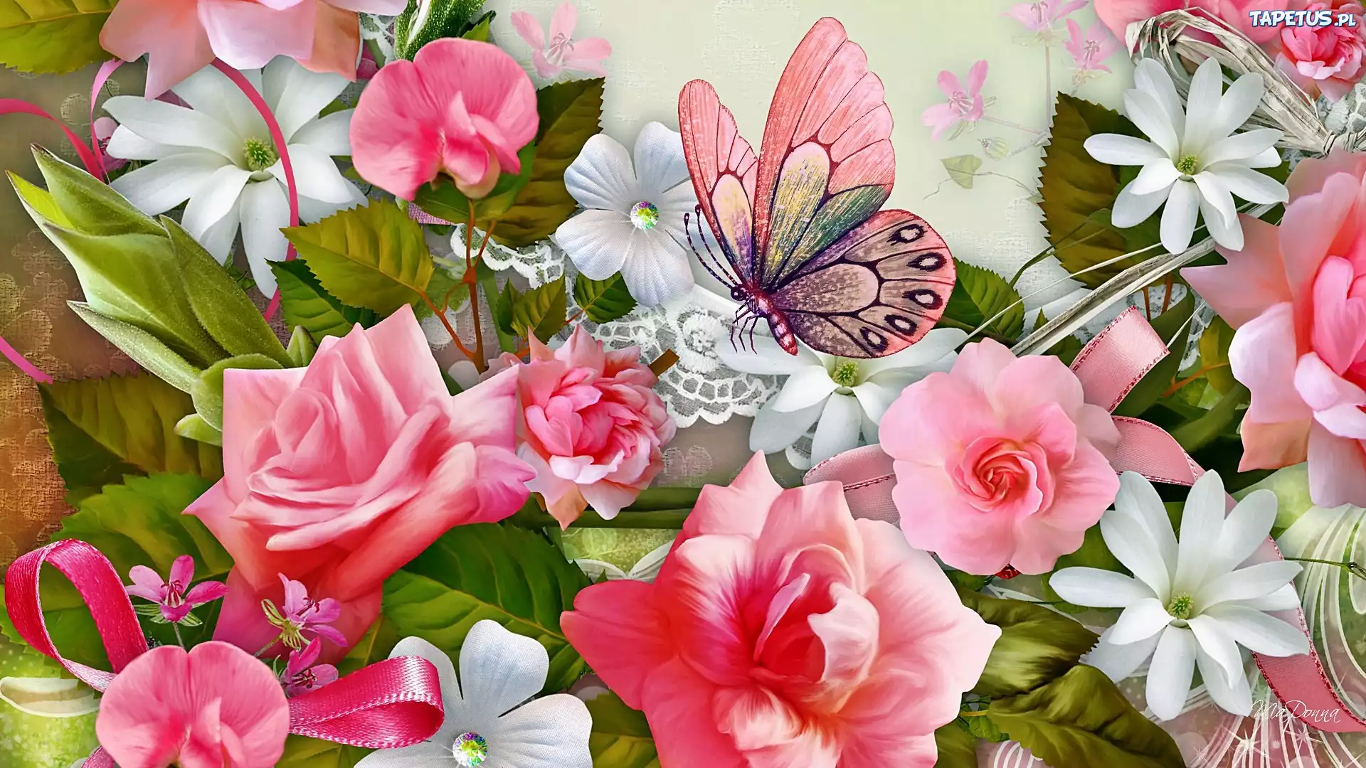 Różowe, Róże, Kwiaty, Motyl, Art