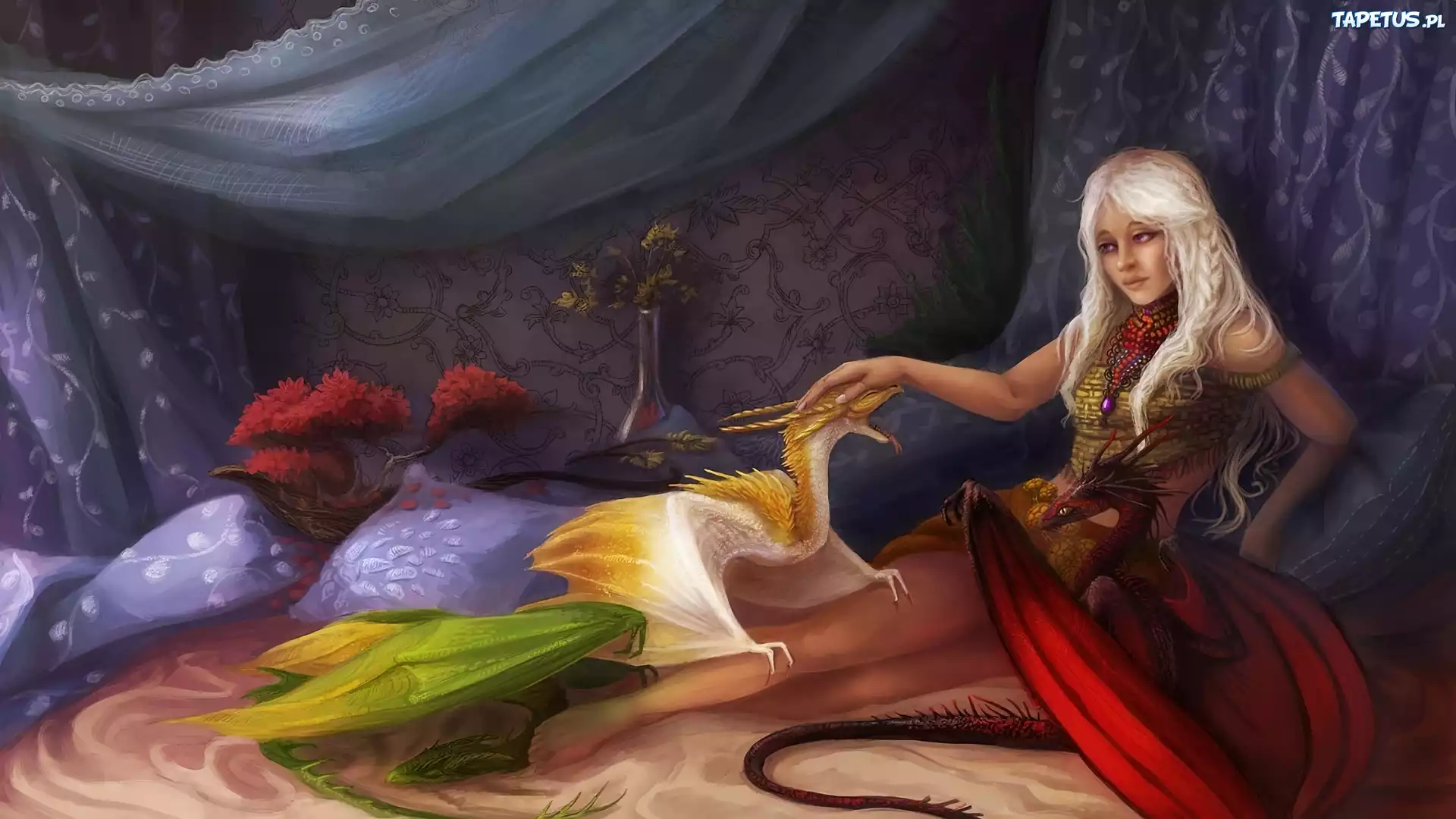 Fantasy, Kobieta, Łóżko, Małe, Smoki