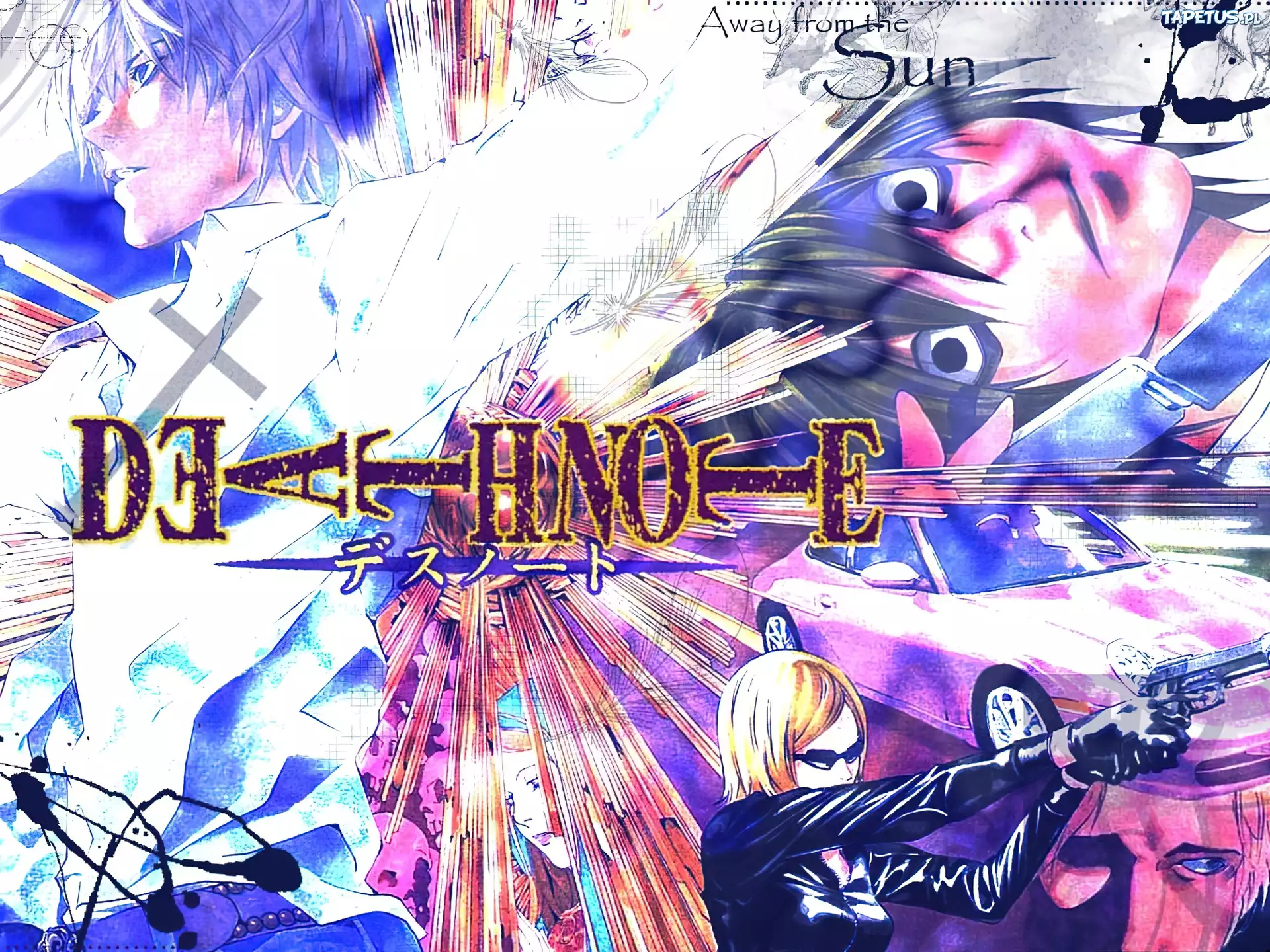 Death Note, porshe, napisy, ludzie, twarze, pistolet