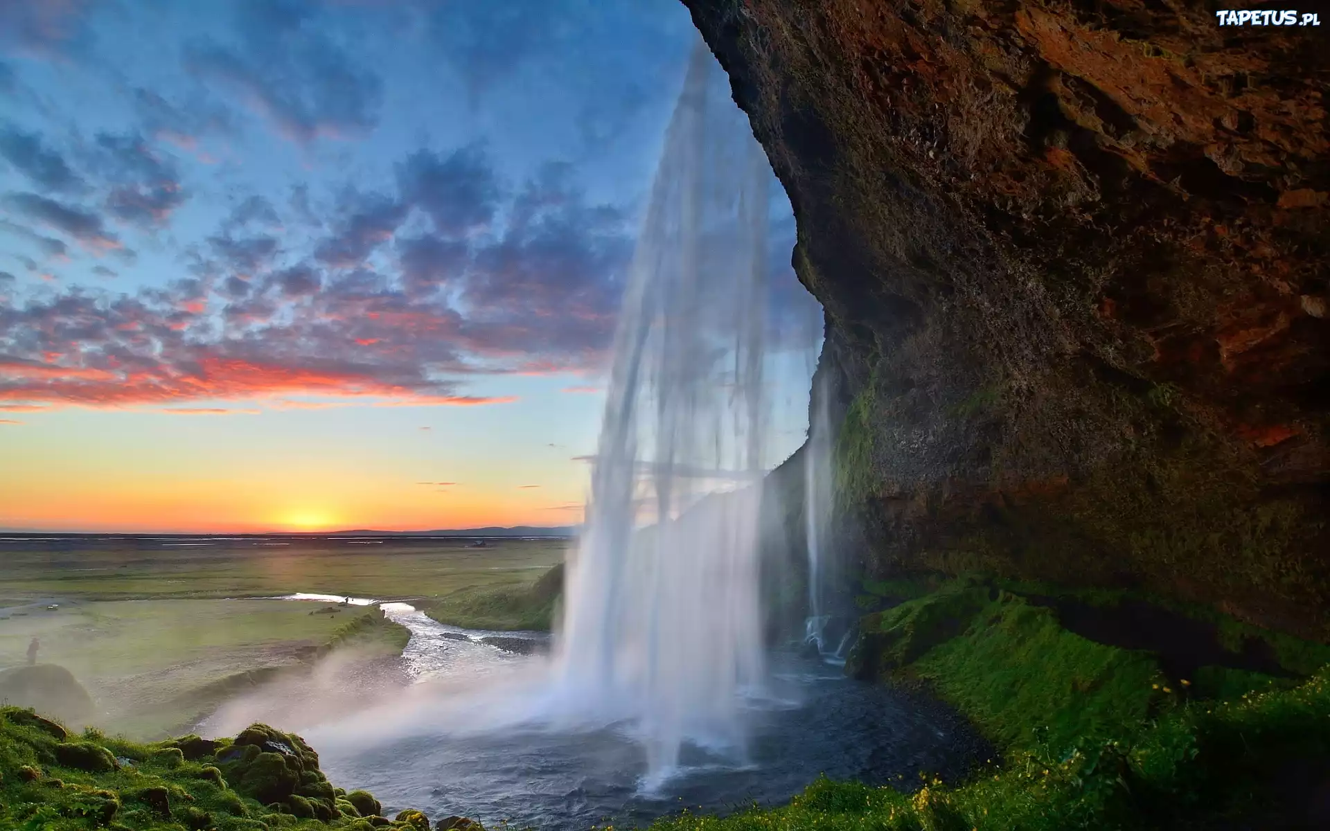 Islandia, Wodospad, Zachód, Słońca