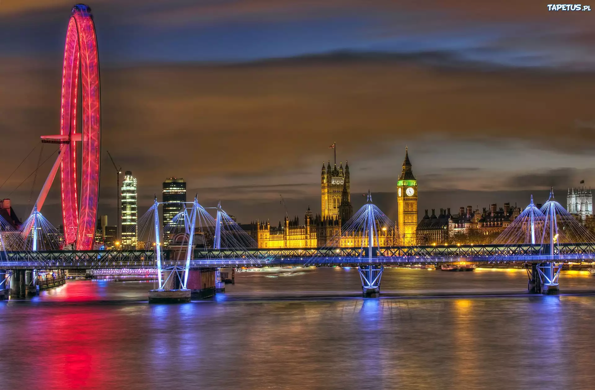 Pałac Westminster, Big Ben, London Eye, Most, Tamiza