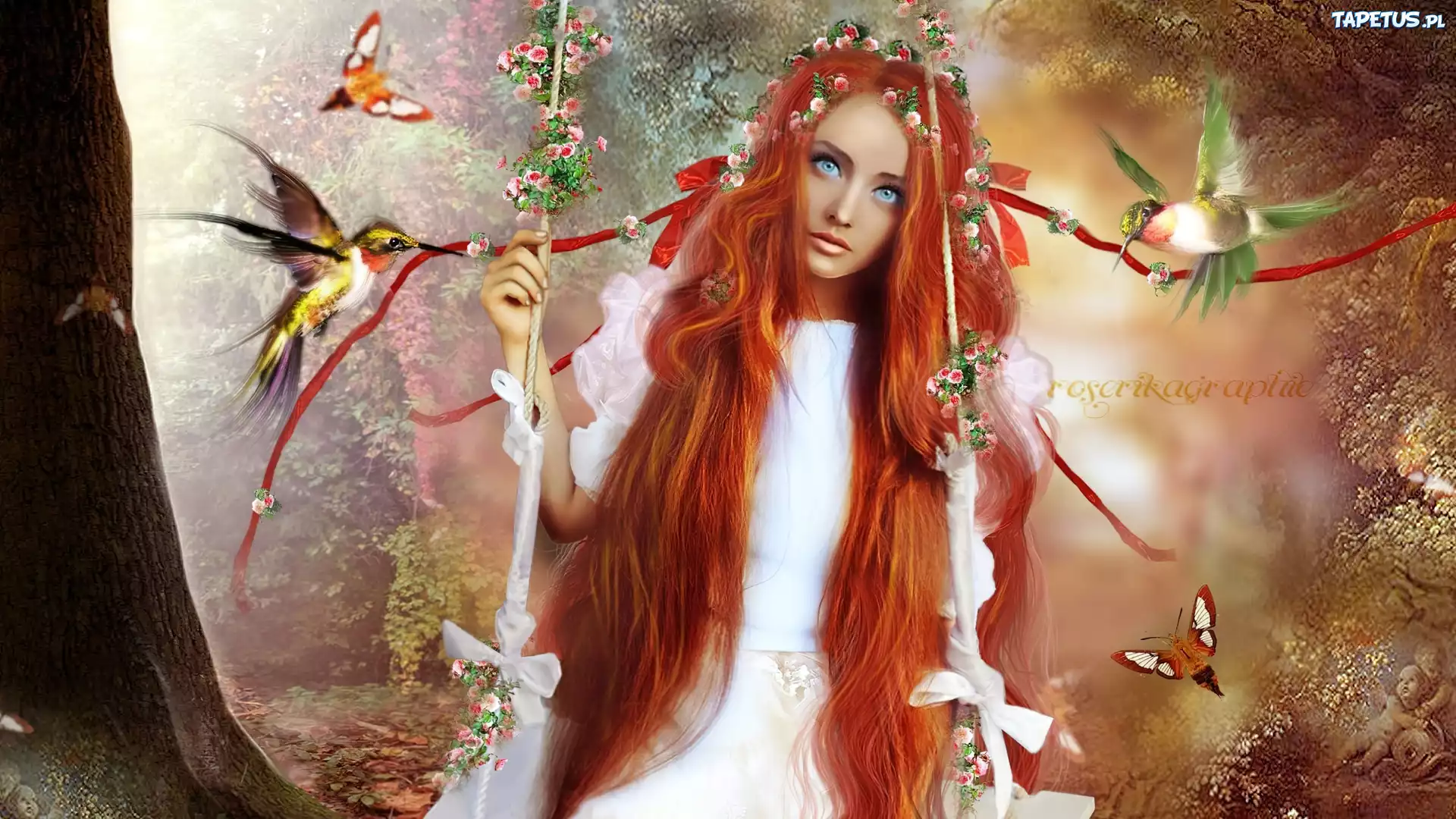 Fantasy, Kobieta, Ptaki, Huśtawka