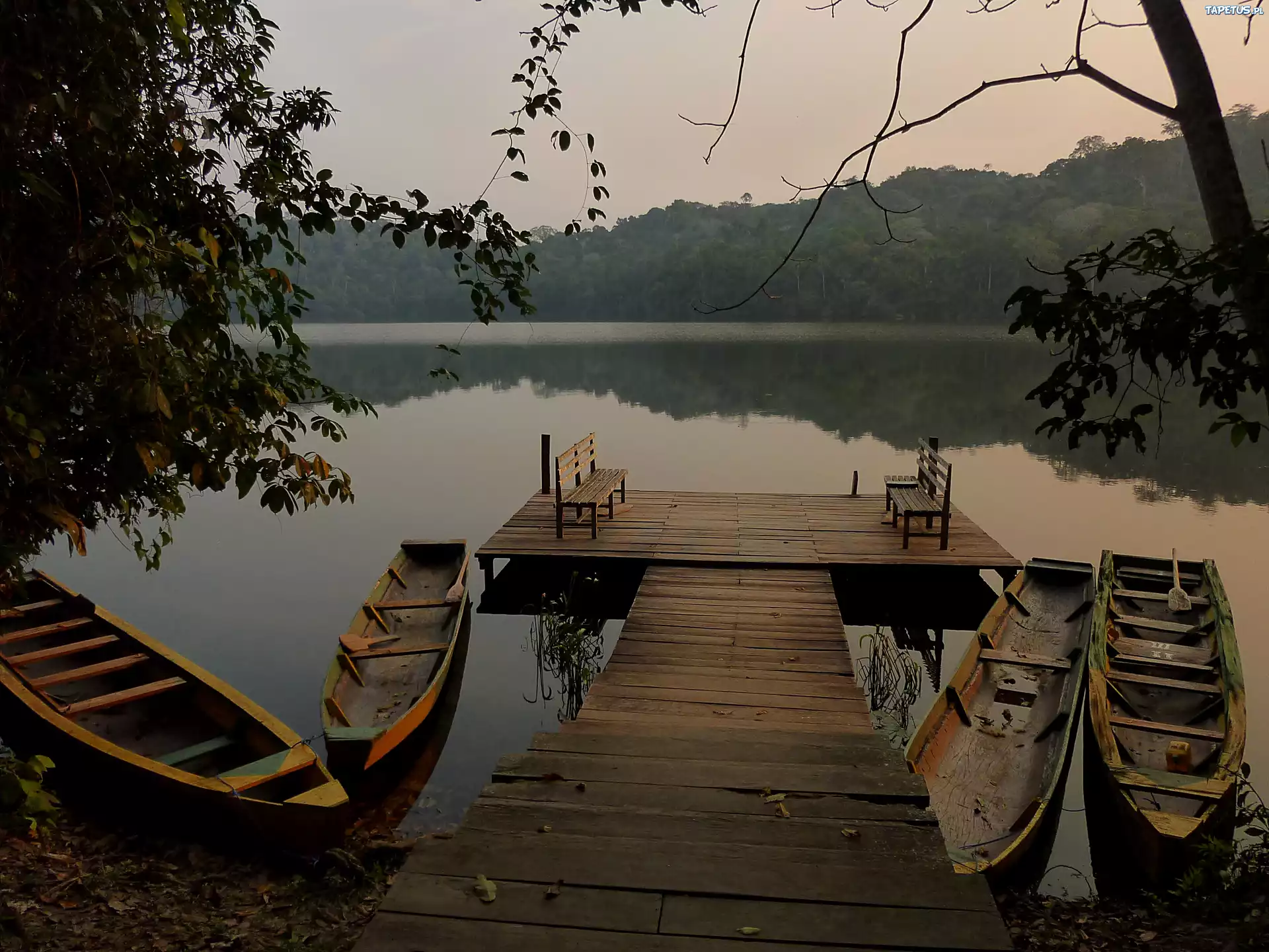 Łódki, Jezioro, Zmierzch, Pomost, Ławki, Drzewa
