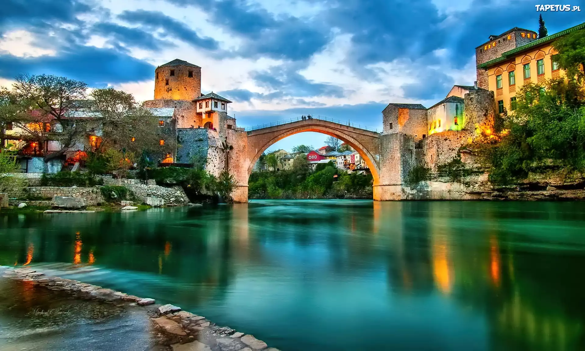 Miasteczko, Mostar, Most, Rzeka, Neretwa, Niebo, Bośnia i Hercegowina