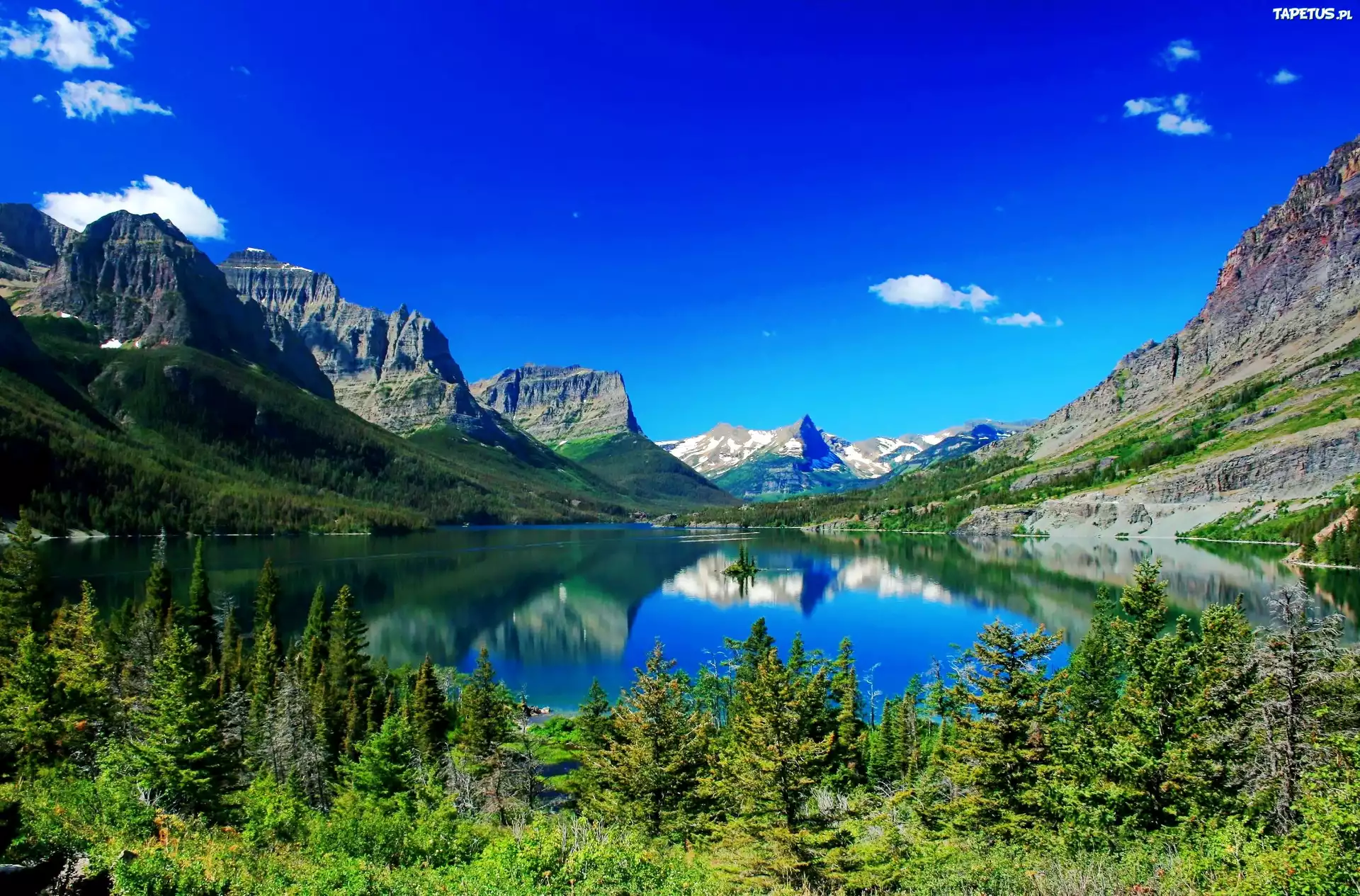Góry, Drzewa, Jezioro, Saint Mary, Montana