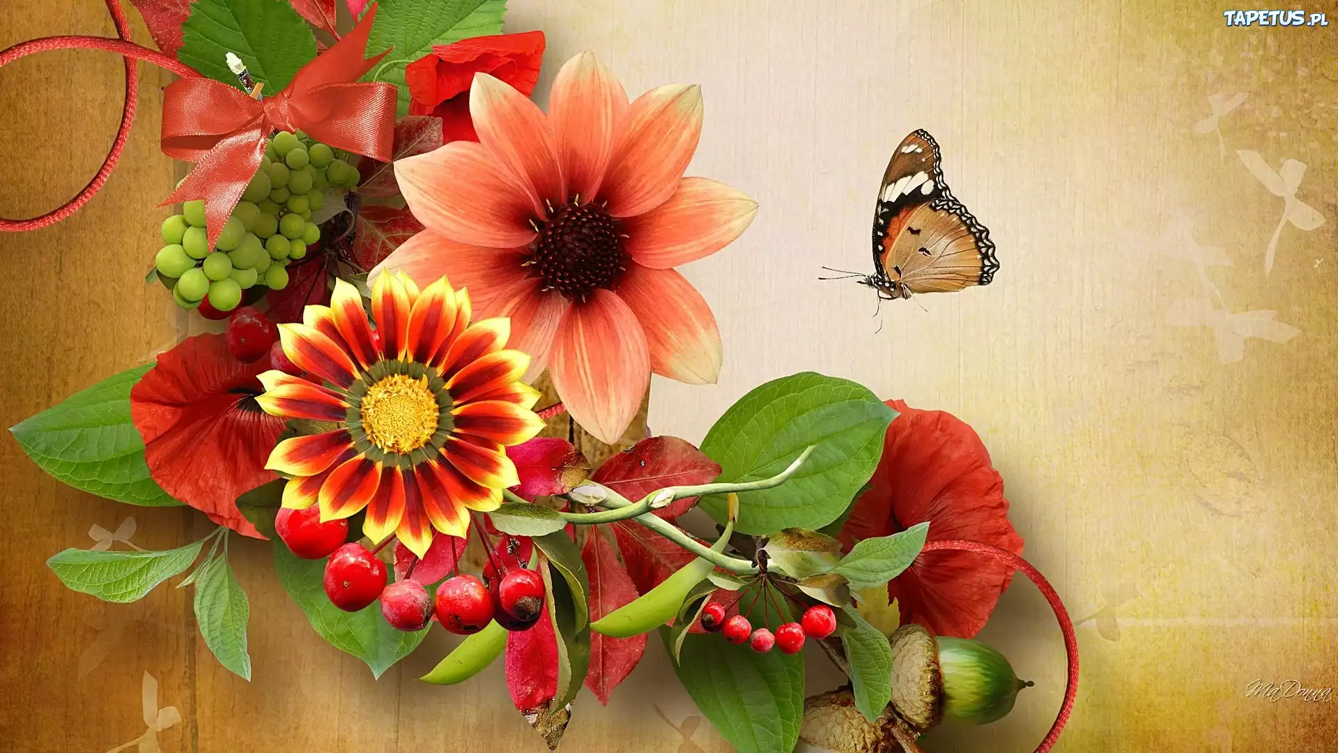 Jesienne, Kwiaty, Motyl, Art