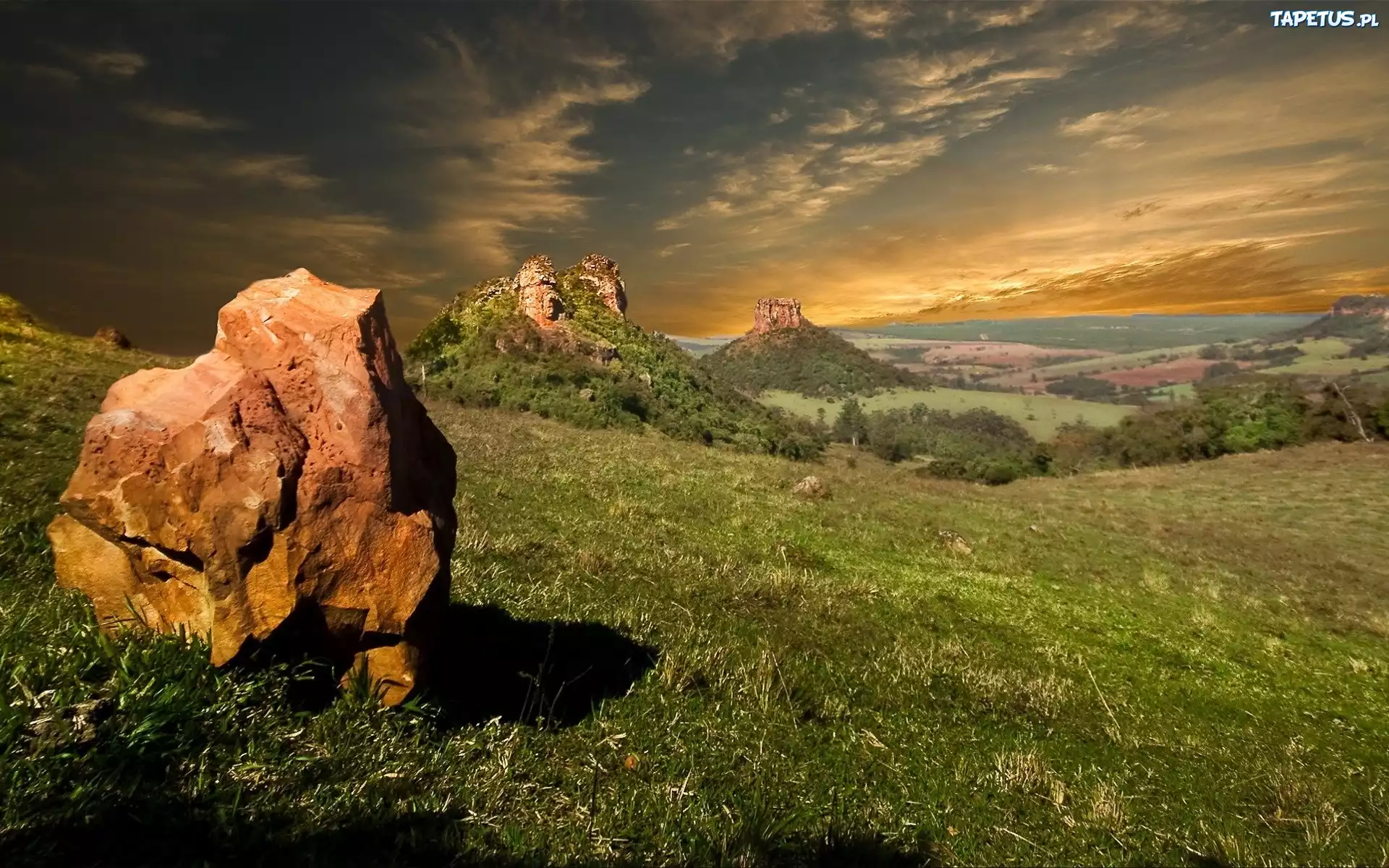 Góry, Skały, Lasy, Zachód, Słońca, Panorama
