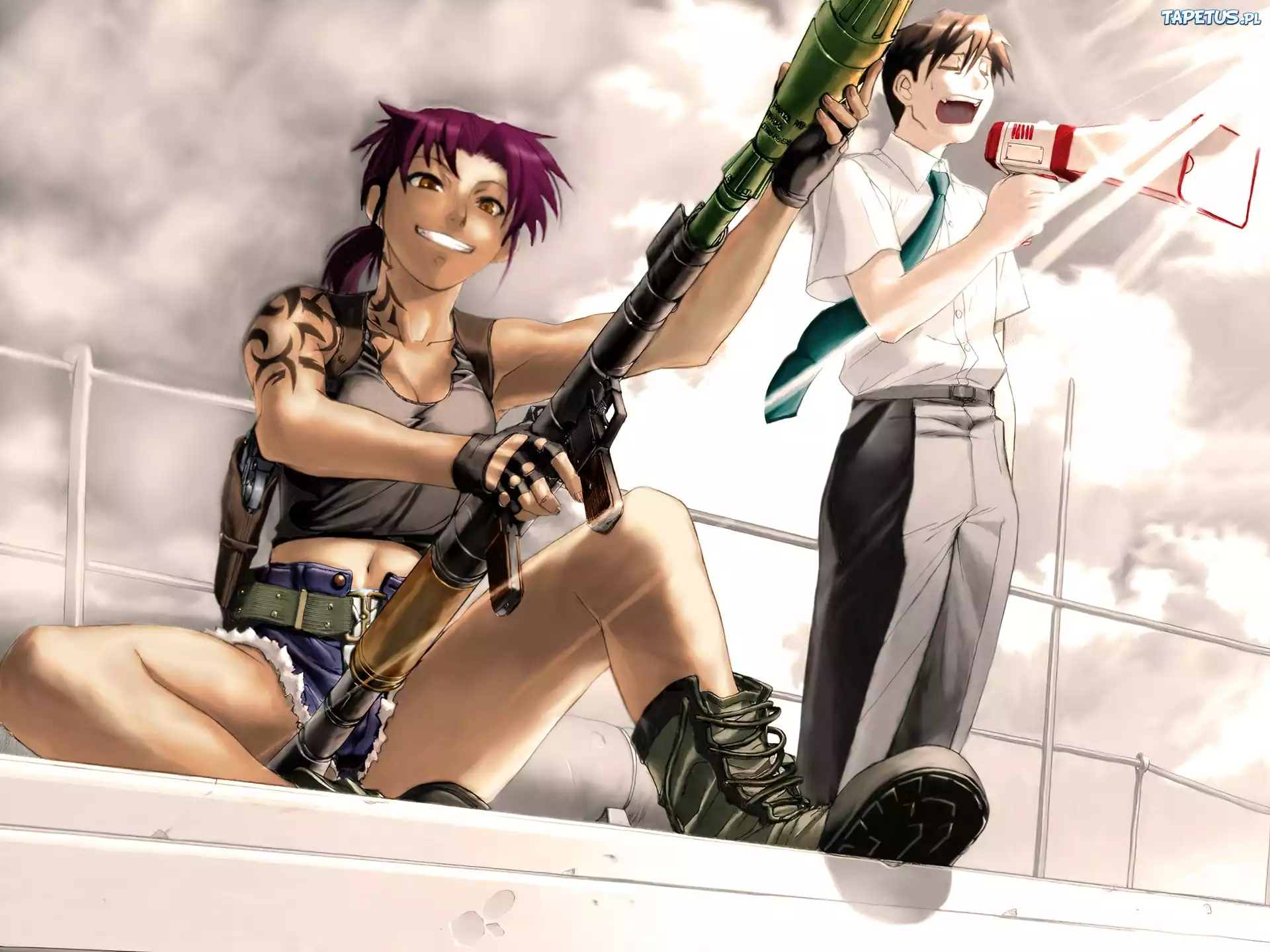 Black Lagoon, ludzie, bazooka, broń, kobieta, facet