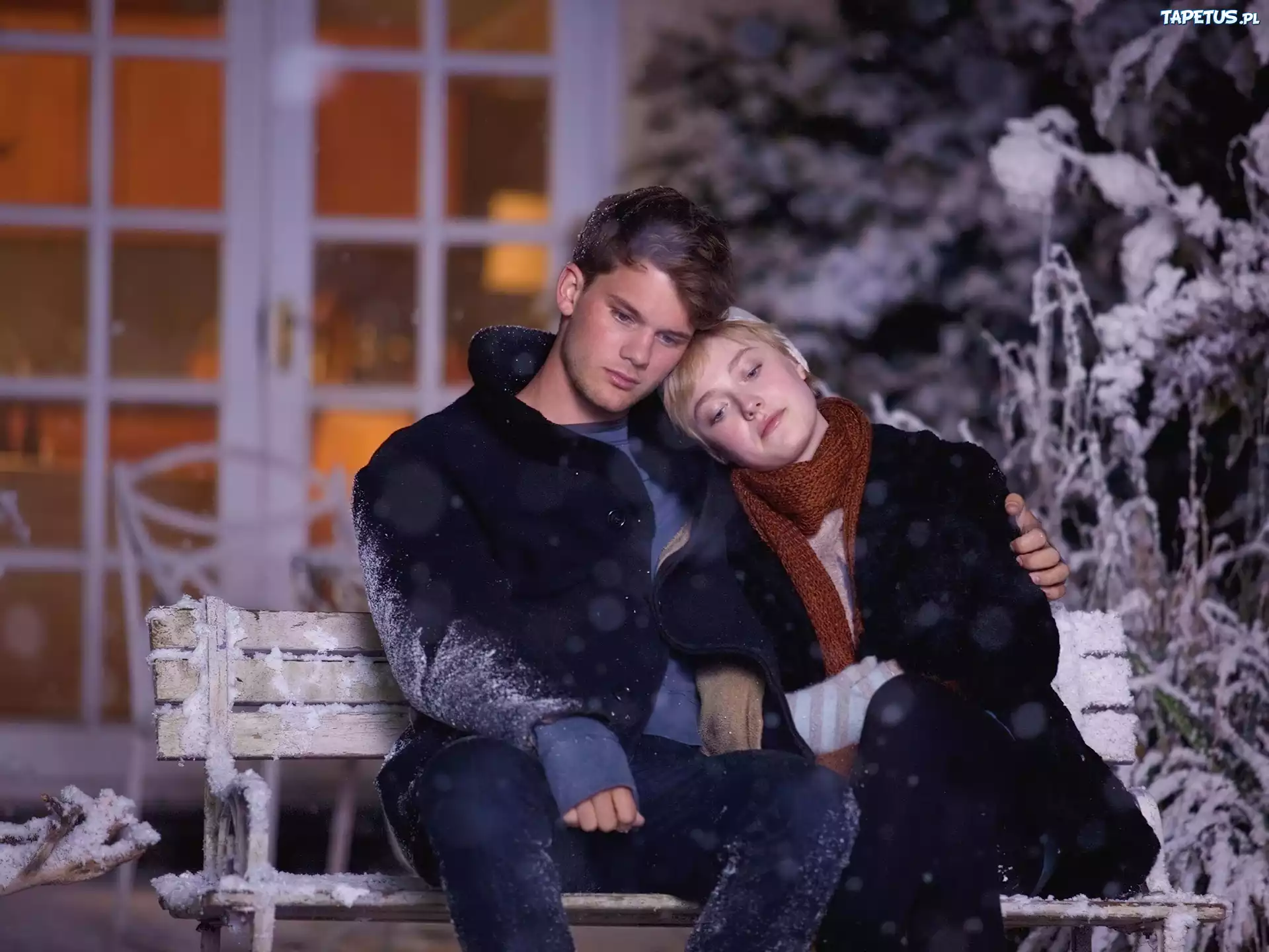 Film, Dakota Fanning, Jeremy Irvine, Ławka, Śnieg
