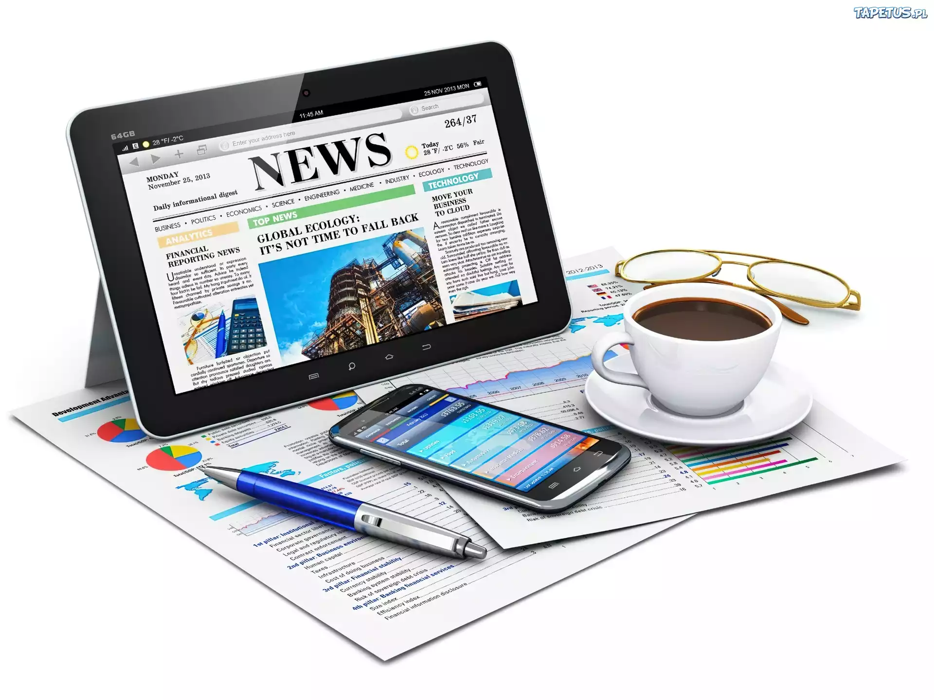 Tablet, Smartfon, Filiżanka, Kawy