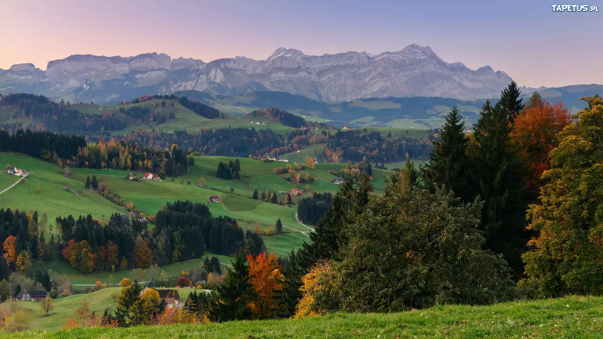Góry, Lasy, Łąki, Domy, Jesień, Panorama
