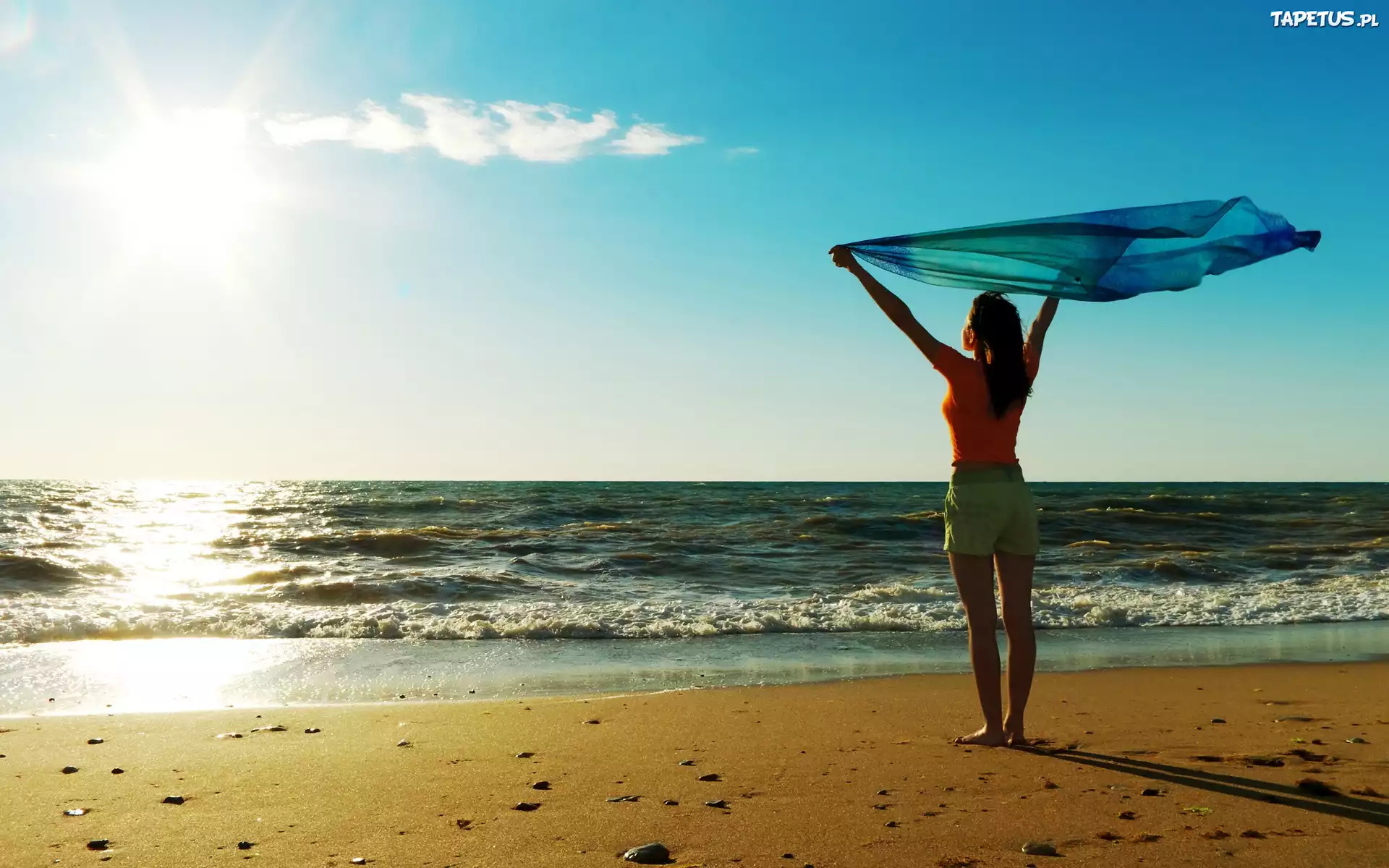 Kobieta, Plaża, Morze, Promienie
