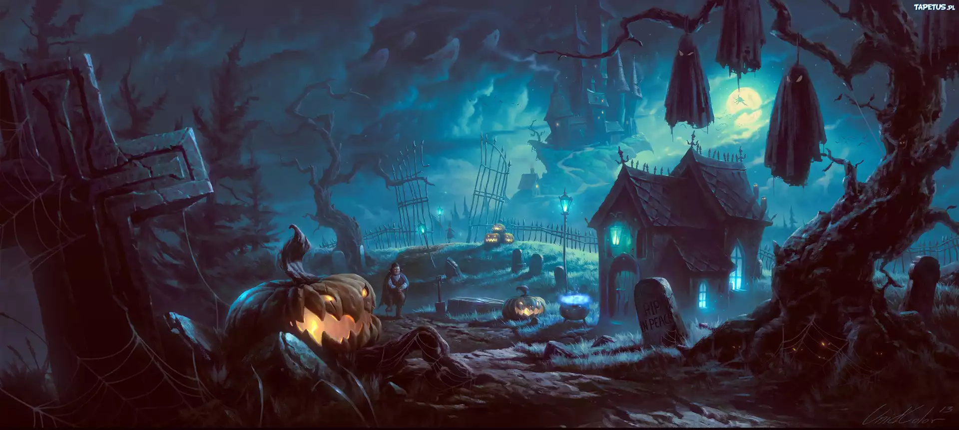 Szczęśliwy, Haunted, Domek, Drzewo, Duchy, Księżyc