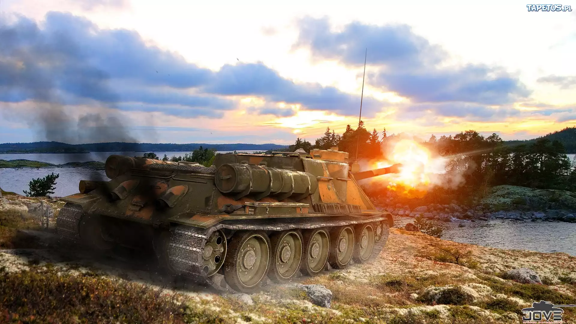 Niszczyciel, Czołgów, SU-100, Ogień, Drzewa, Jezioro