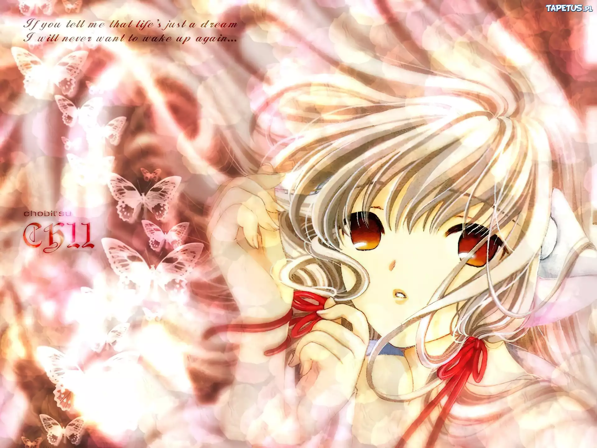Chobits, dziewczyna, oczy, napisy, kokardki