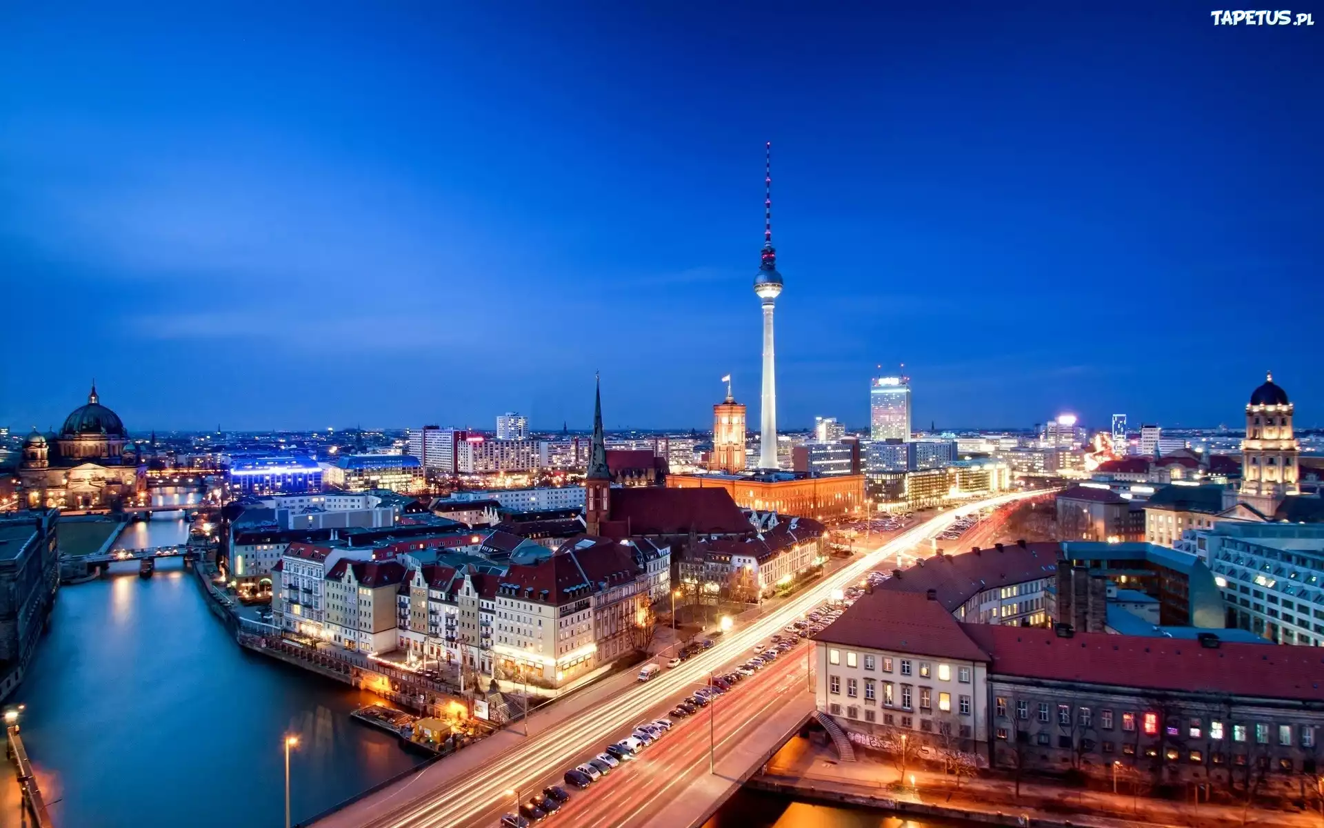 Rzeka, Mosty, Wieża, Kościoły, Domy, Berlin, Niemcy