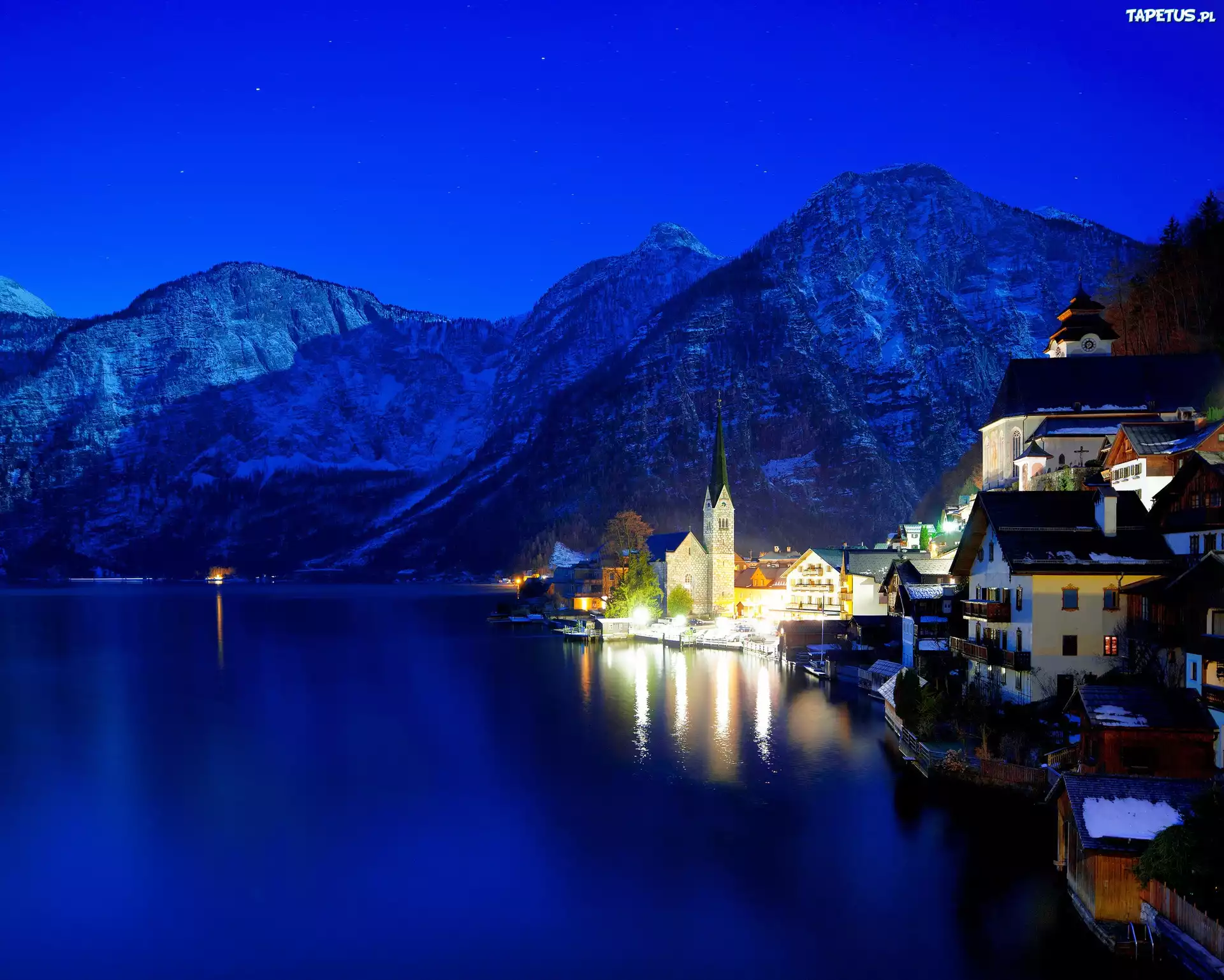 Austria, Hallstatt, Góry, Noc, Światła, Zima